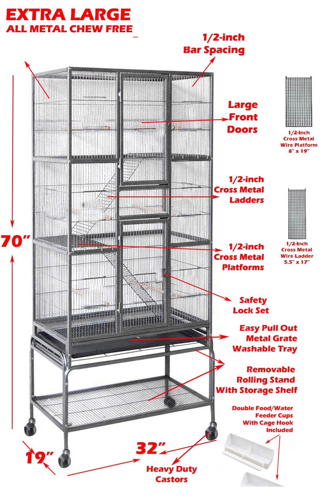 Extra Large Wrought Iron 5-Tiers Chew-Proof Ferret Squirrel Chinchilla Sugar Glider Critter Animal Home Metal Cage Easy Clean Pu