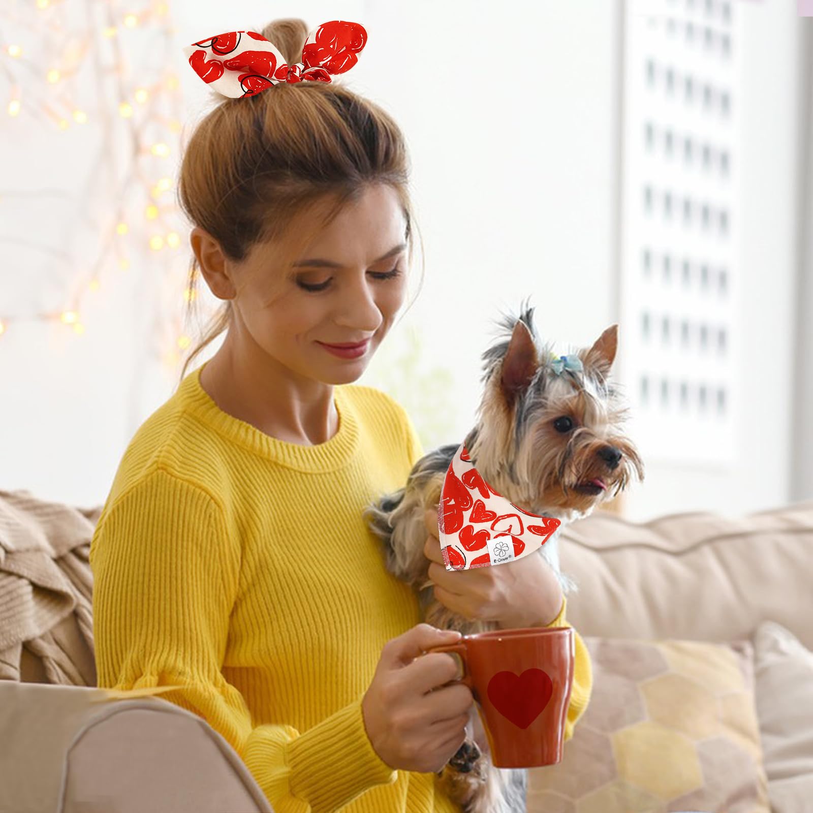 E-Clover Cute Bandana & Matching Scrunchie-Heart Dog Bandanas Red Pet Scarf Bib for Small Dogs Puppy Girl Boy Owner Mothers Day