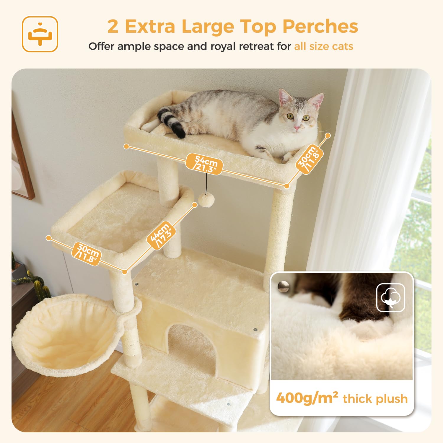 Pawz Road Large Cat Tree, 73 Inches Tall Cat Tower With 1 Large Padded Perch,2 Spacious Hammocks,8 Long Scratching Posts, Xl Plu