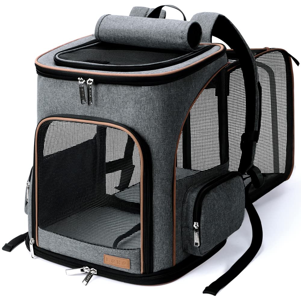 Lekereise Pet Carrier Backpack Expandable Cat Backpack For Medium Dogs And Large Cats 20-25 Lbs, Grey