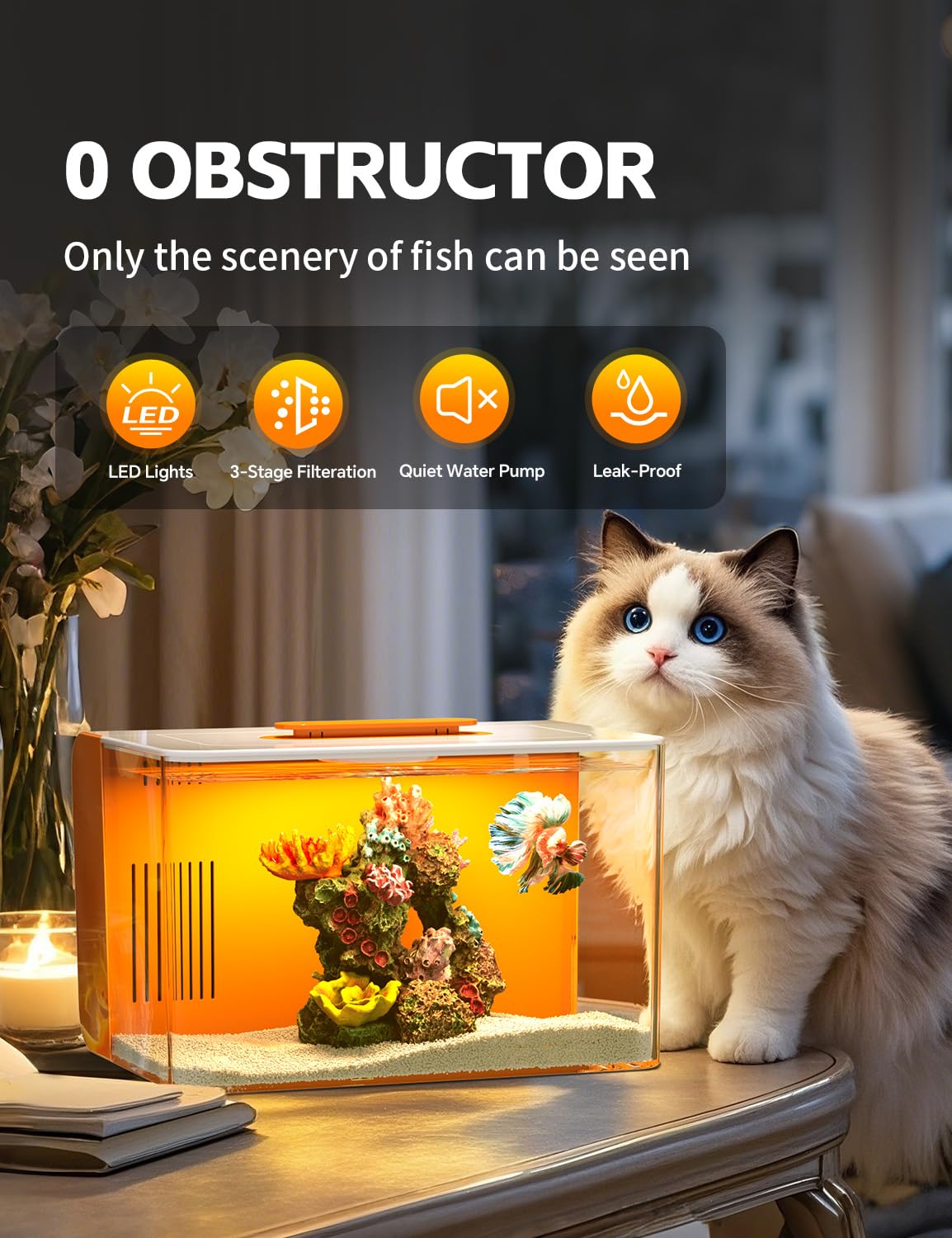 2.5 Gallon Fish Tank Small Aquarium Starter Kit with Heater, Hidden Filtration, 3 Color Light, Self Cleaning Nano Tank for Betta