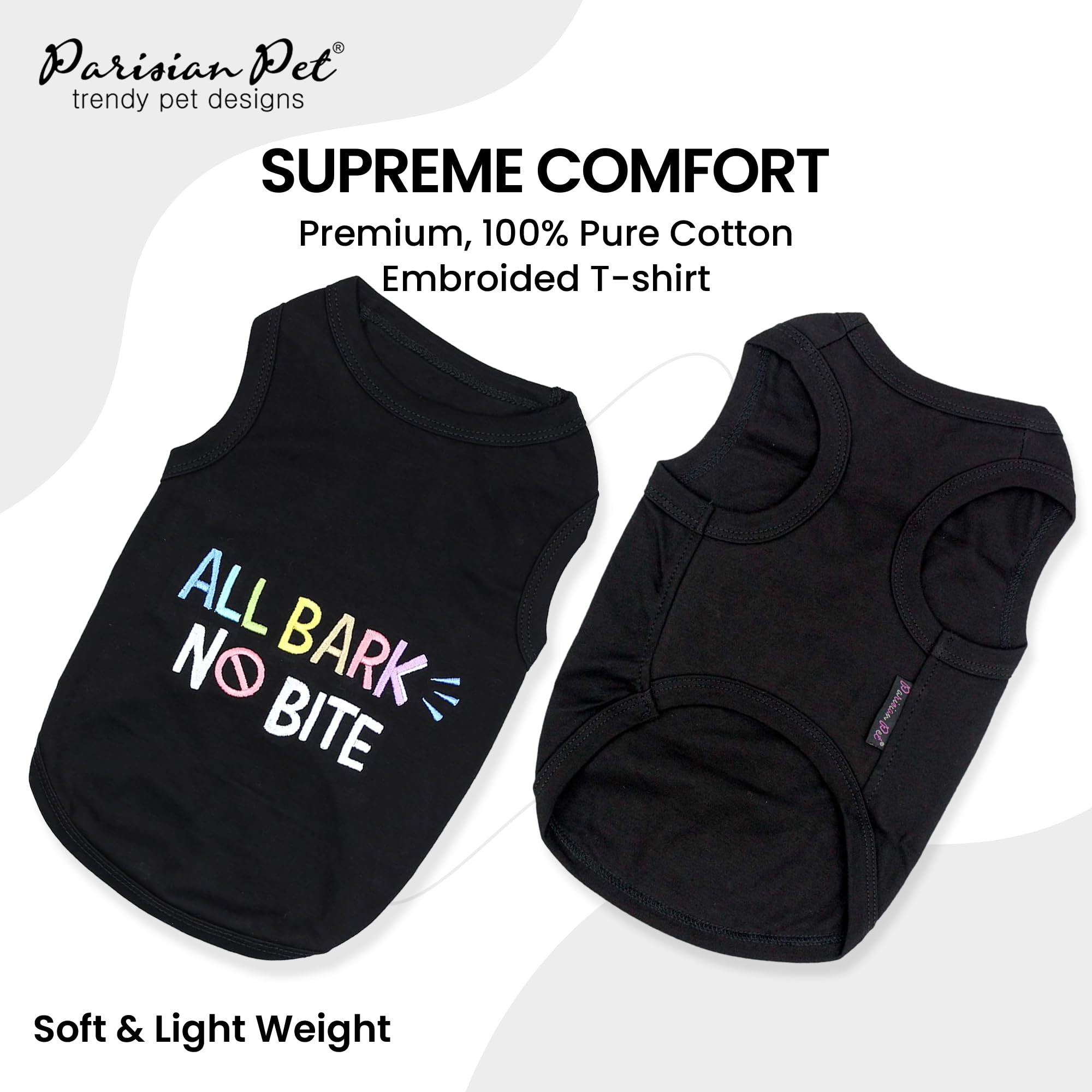 Parisian Pet Dog T-Shirt - Embroidered ' All Bark No Bite ' 100% Cotton, Dog Clothes - Sleeveless Pet Vest - Machine Washable Dog Shirts For Small Dogs Xxs