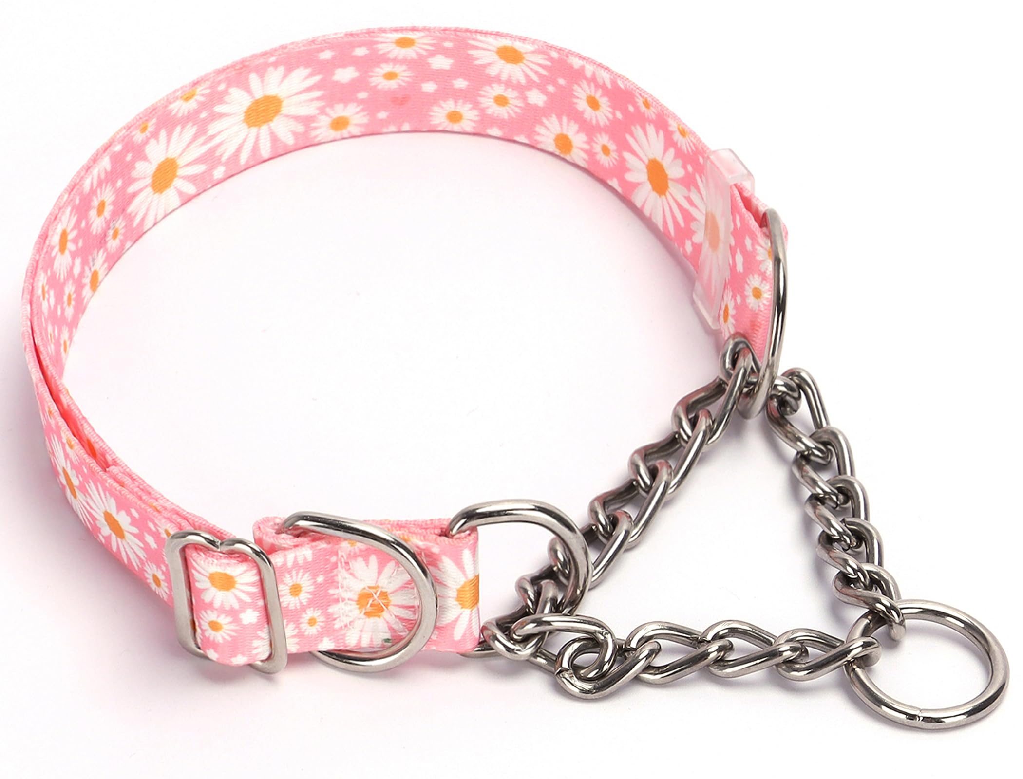 Martingale Collar For Dogs With Steel Chain, No Choke Dog Collar With Pink Daisy Flower Design, Adjustable No Pull Training Coll