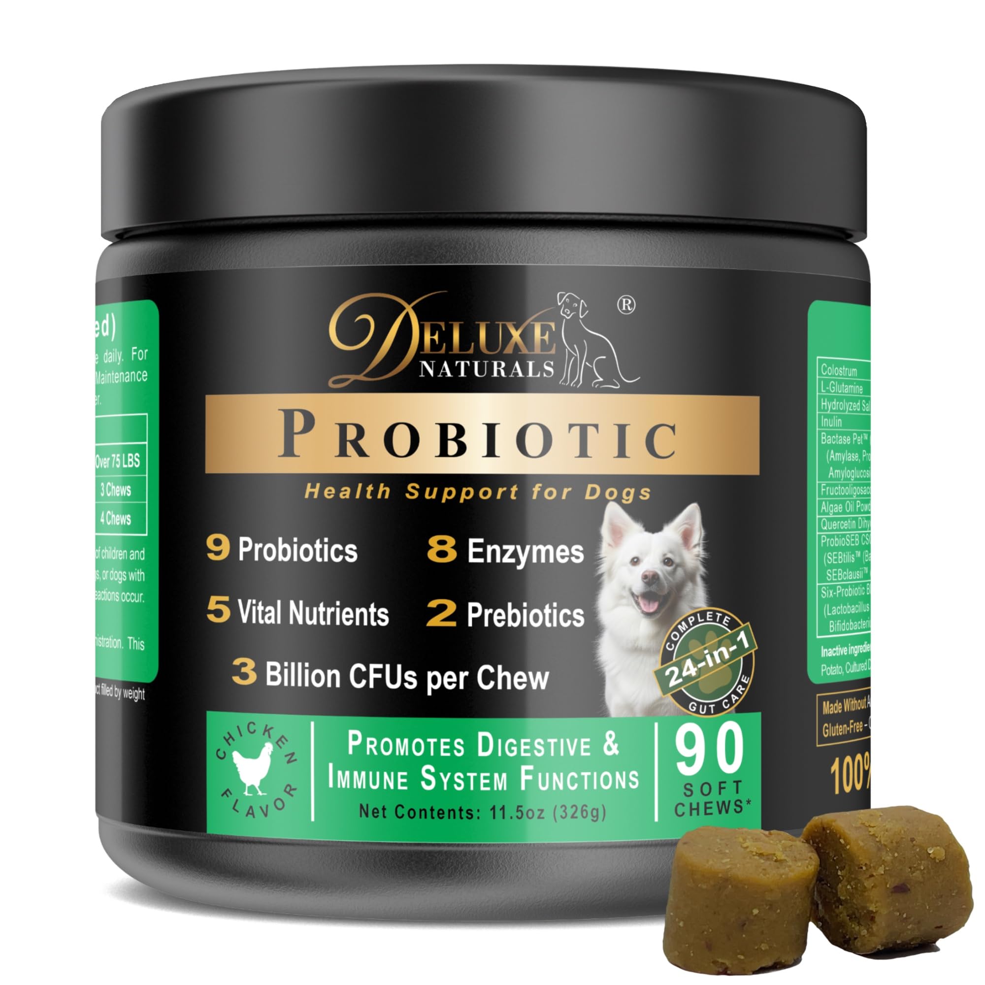 Deluxe Naturals Probiotic Soft Chews for Dogs - 90 Count - Digestive & Immune Support with 9 Probiotics, 8 Enzymes, 2 Prebiotics
