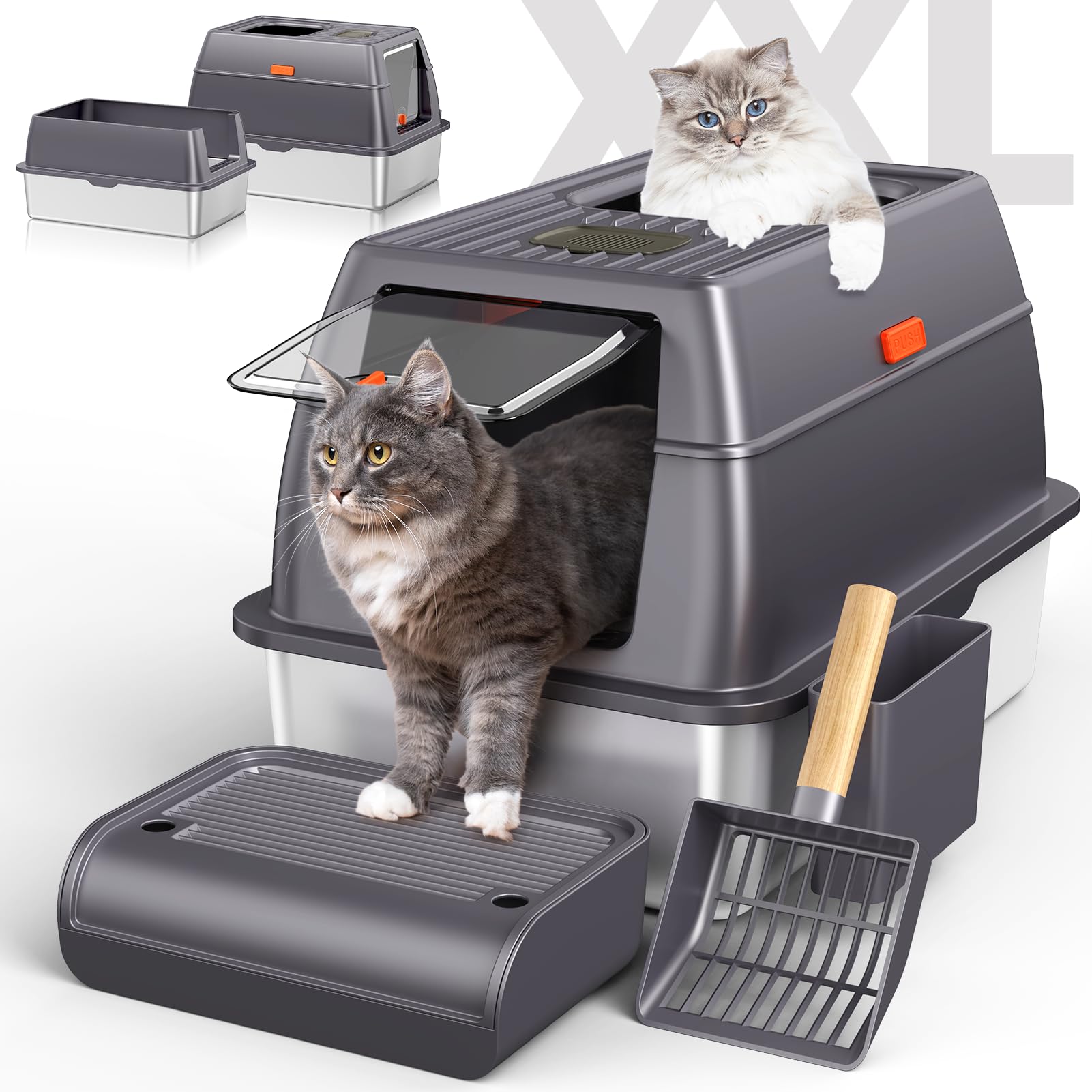 Stainless Steel Cat Litter Box With Lid & Cover, 23.7' No Smell Extra Large Metal Covered Cat Litter Box For Big Cats, Enclosed