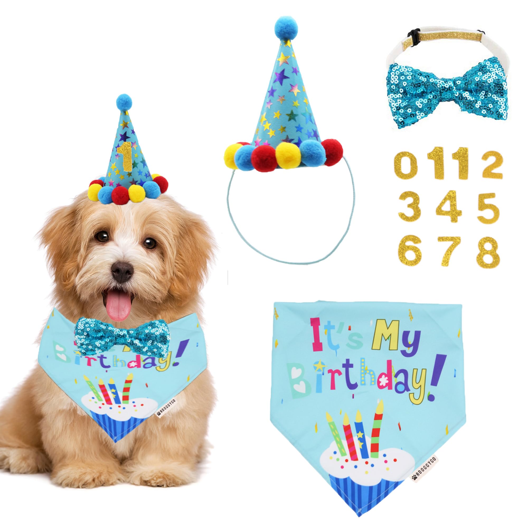 Adoggygo Dog Birthday Bandana Scarf And Blue Boy Puppy Birthday Party Hat With Cute Bow Tie For Small Dog Cat (Small)