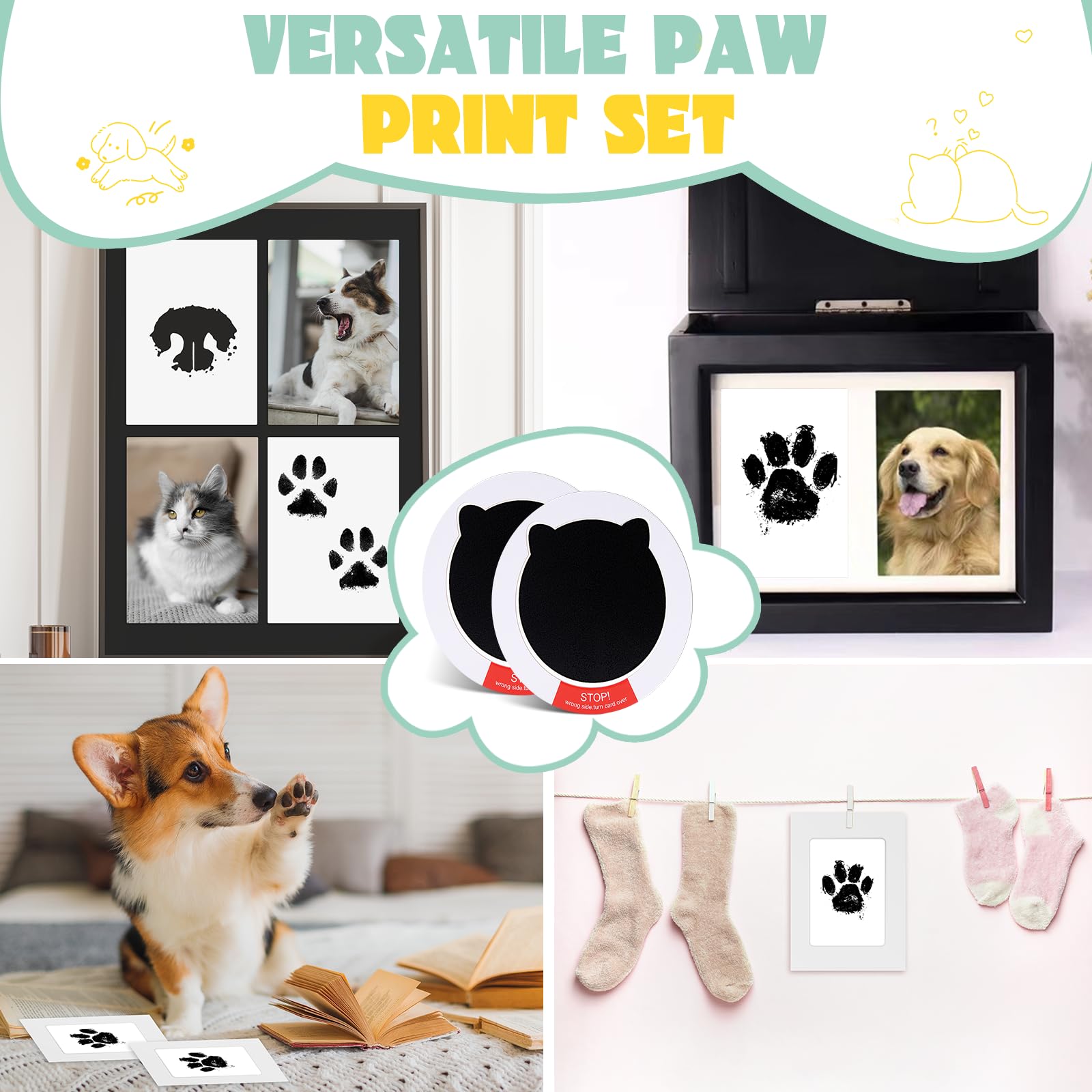 Nabance Paw Print Kit, Dog Nose Print Kit, Mess-Free Paw Print Ink Pads, 8Pcs Pet Paw Print Impression Kit with Photo Frames, Sa