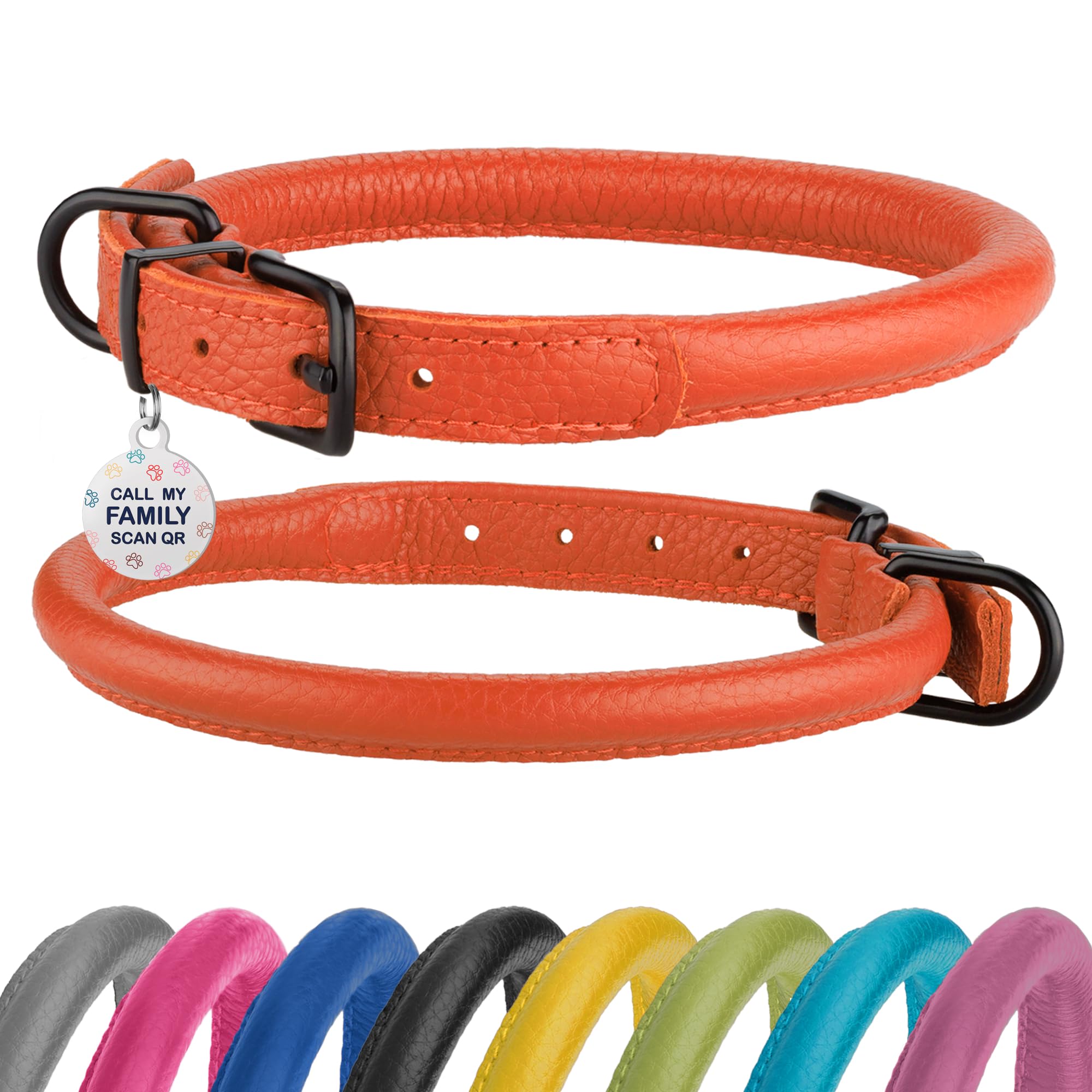 Rolled Leather Dog Collar Soft Round Collars, Id Tag For Small Medium Large Dogs (9-12 Inch, Orange & Black Buckle)