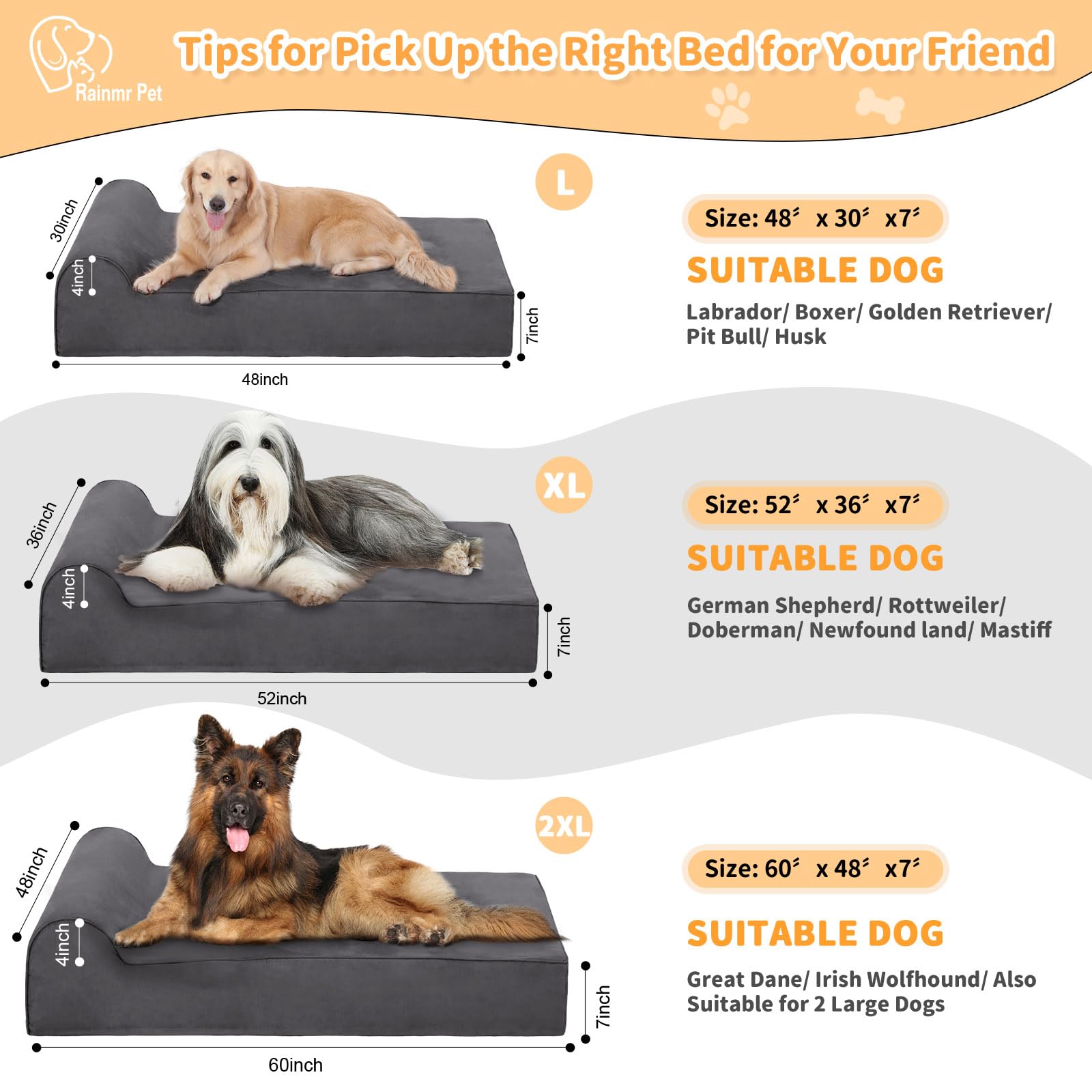 Rainmr Dog Beds For Giant Dogs, Waterproof 7'' Memory Foam Human Size Dog Bed, Orthopedic Dog Bed With Washable Removable Cover,