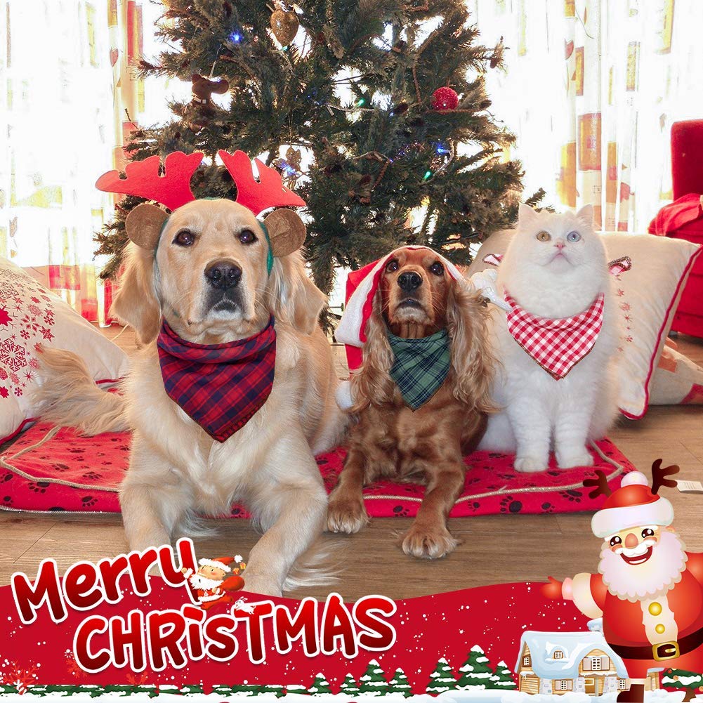 Remifa Dog Bandana - 6Pcs Birthday Gift Washable Green Blue Red Christmas Dog Bandana Square Plaid Printing Bib Double Reversible Kerchief Scarf Adjustable Accessories For Small To Large Dog Puppy Cat