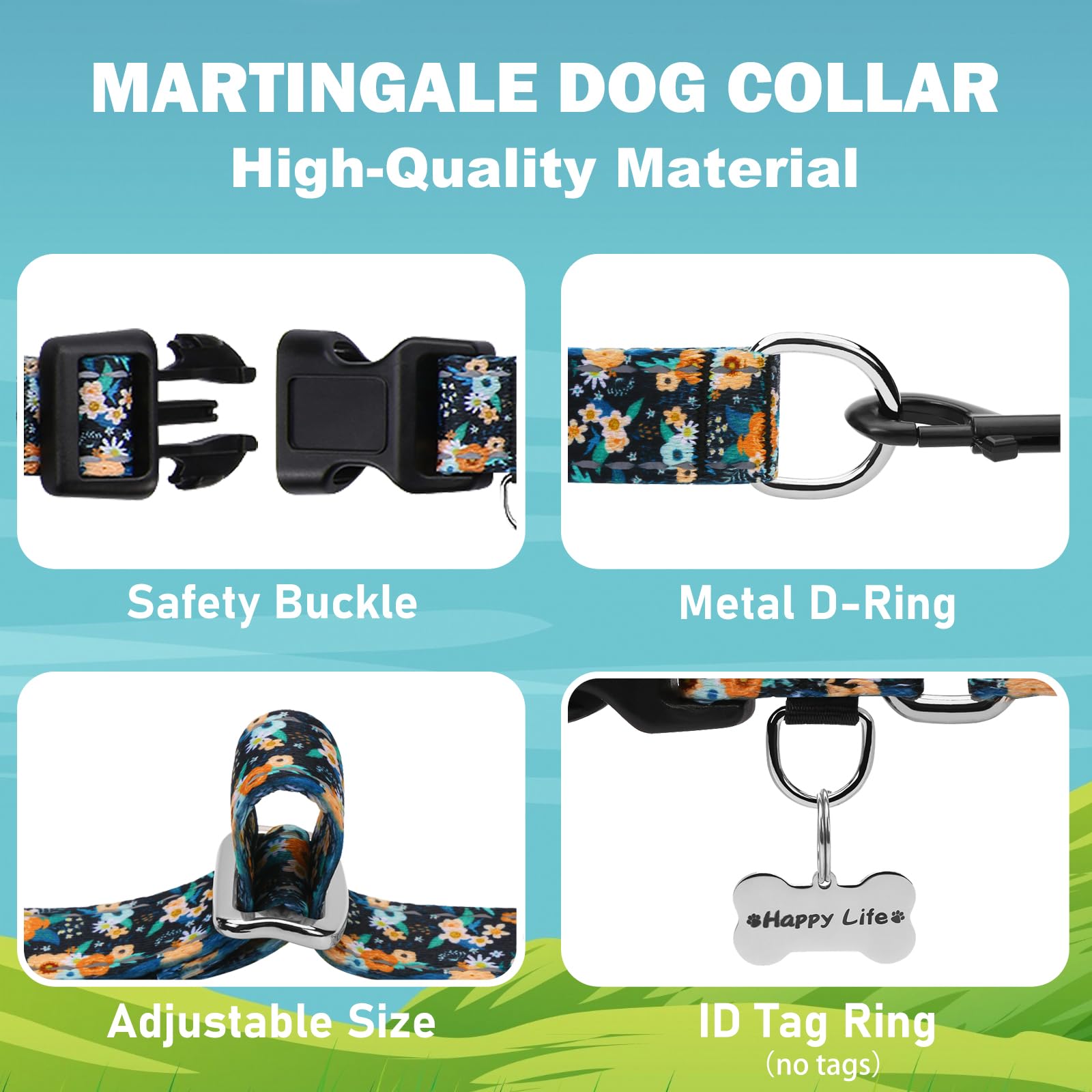 Fidohug Reflective Martingale Dog Collar With Buckle Soft Nylon Floral No Slip Dog Collars For Large Dogs (Black Orange Flowers,