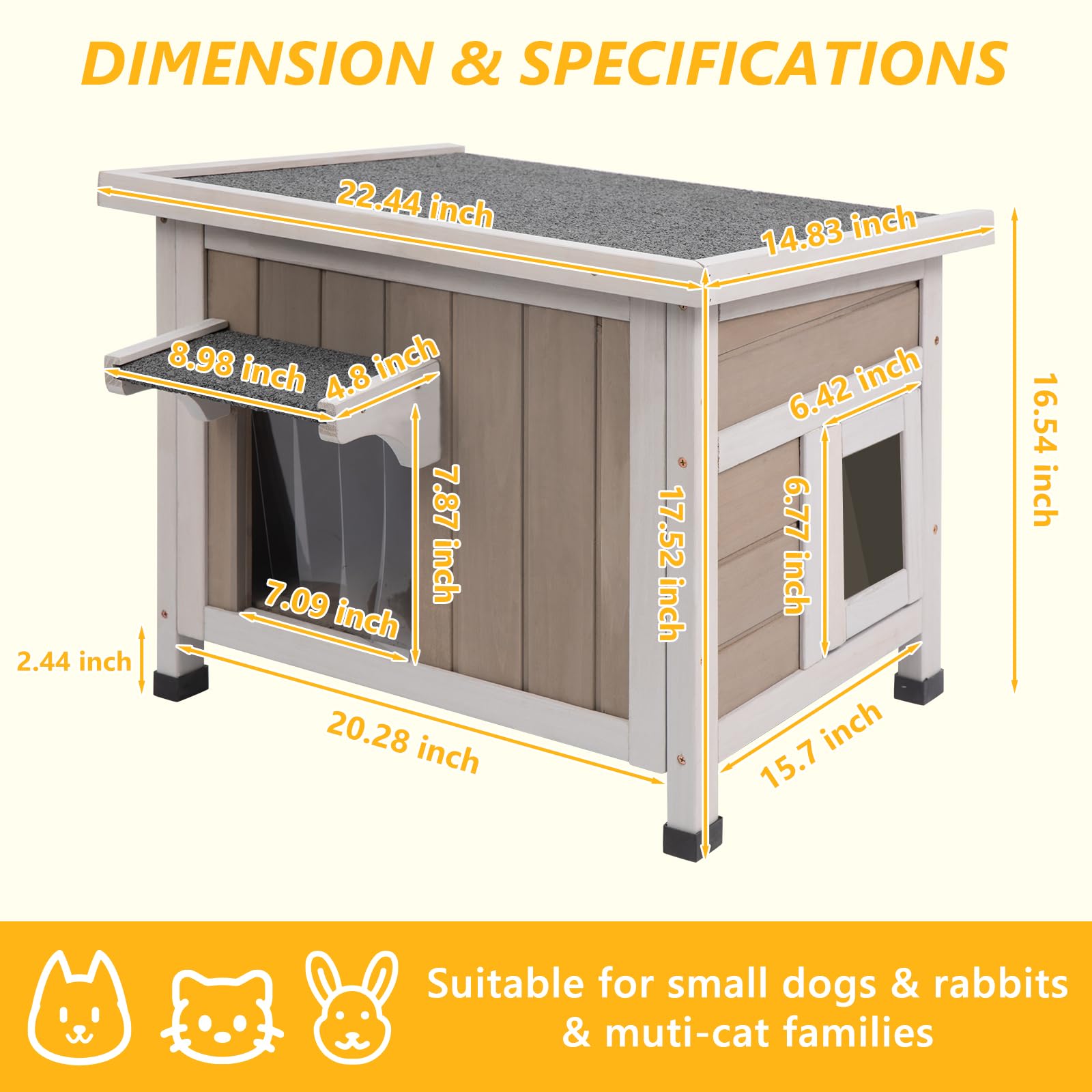 Gowoodhut Insulated Cat House, 22.44" L, Weatherproof Foam Shelter, Grey, Model PET18, 2 Escape Doors for Winter Cats