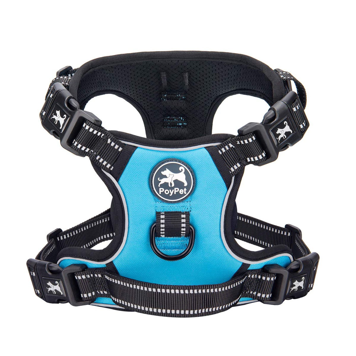 Poypet 2019 Upgraded No Pull Dog Harness With 4 Snap Buckles, 3M Reflective With Front & Back 2 Leash Hooks And An Easy Control Handle [No Need Go Over Dog’S Head] (Blue,L)