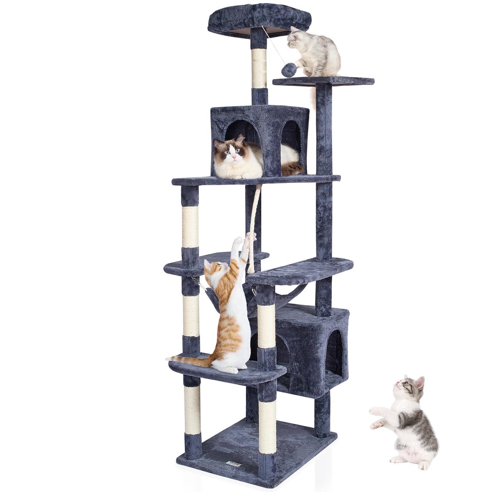 VEVOR Cat Tree 72 Cat Tower with 2 Cat Condos Sisal Scratching Post Dark Grey