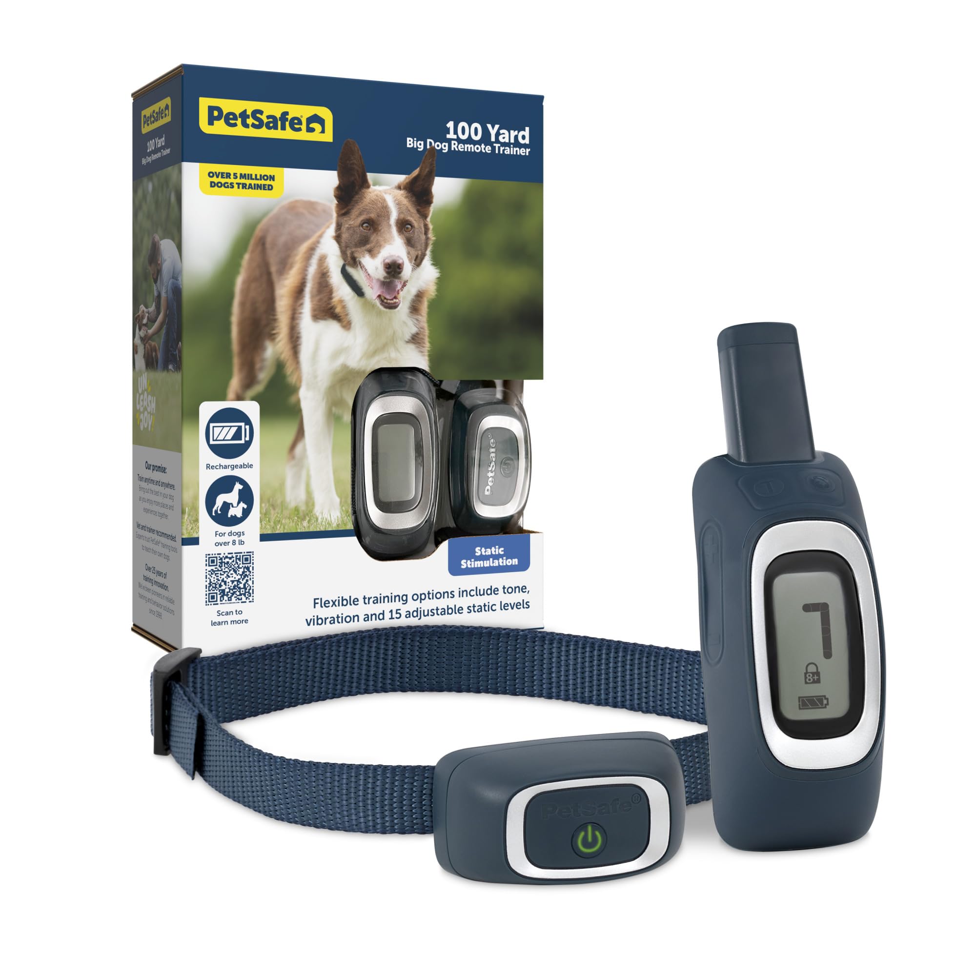 Petsafe Remote Trainer Dog Training Collar - 3 Training Modes: Tone, Vibration, 15 Levels Of Static Stimulation, Standard For Dogs Over 8Lb+ - Waterproof, Durable, Rechargeable - 100 Yards (300 Feet)