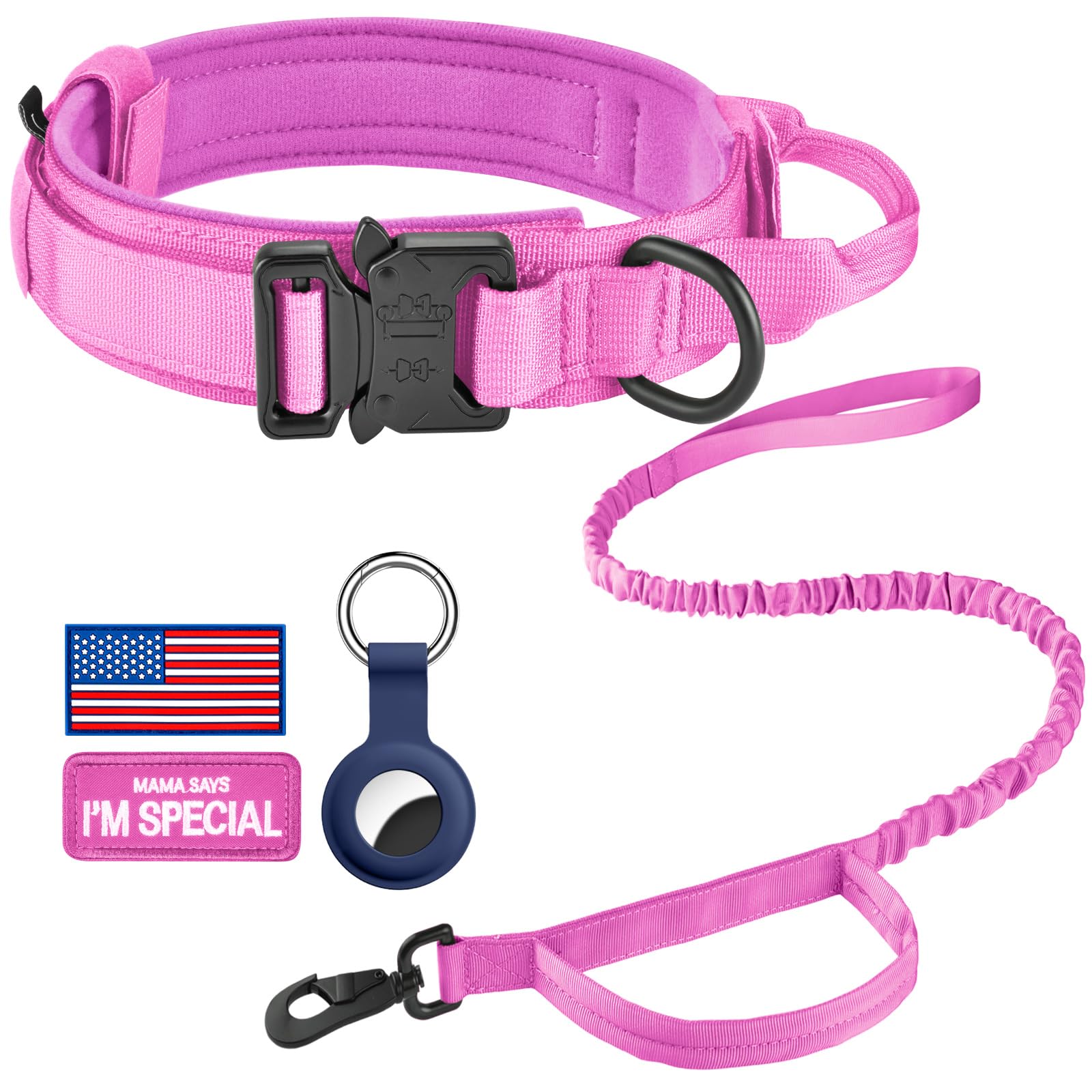 Daganxi Tactical Dog Collar, Adjustable Military Training Nylon Dog Collar With Control Handle And Heavy Metal Buckle For Medium And Large Dogs, With Patches And Airtags Case (L, Pink-Set)