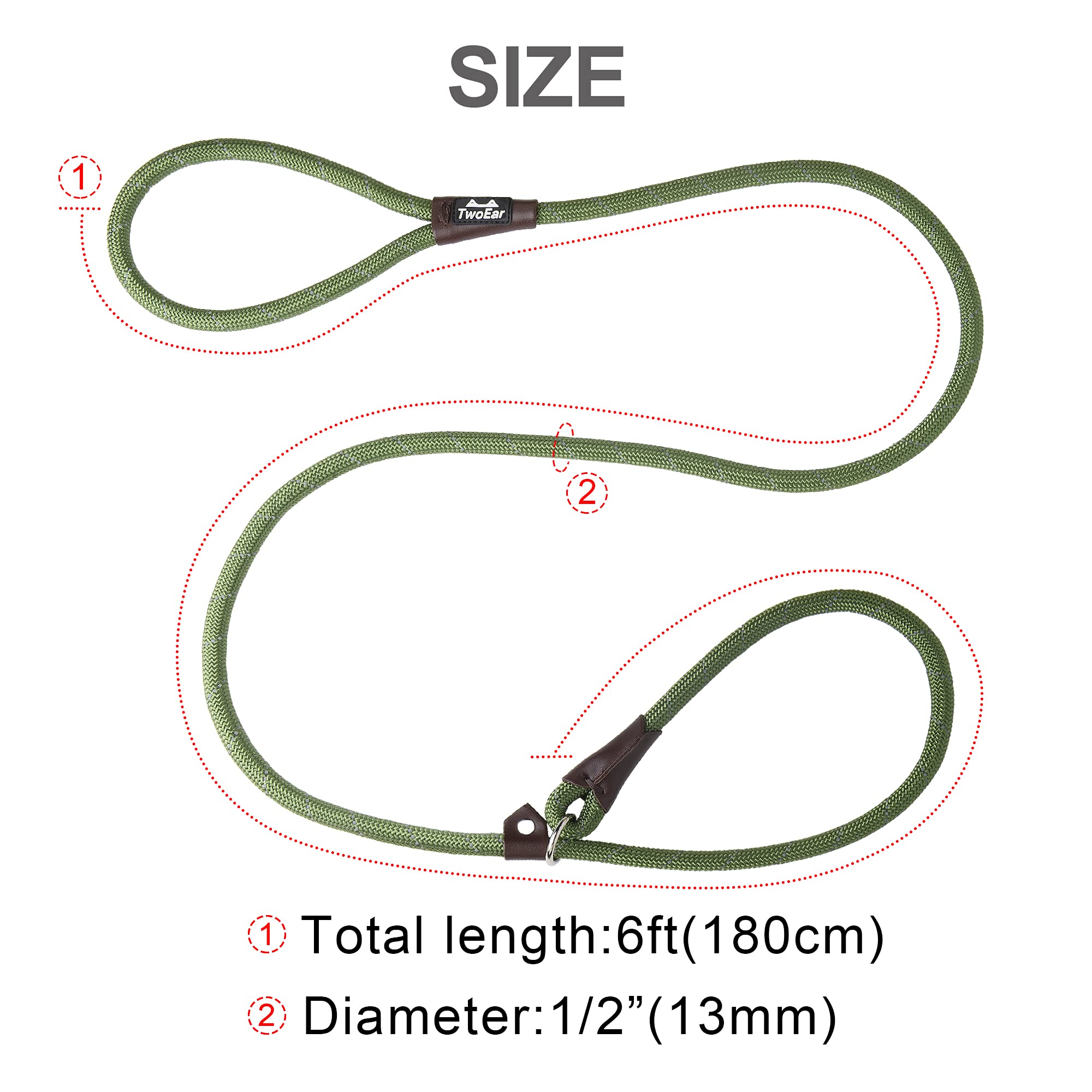 Twoear Dog Leash Dog Slip Rope Leash 6Ft Dog Training Leash Heavy Duty Strong Slip Lead Highly Reflective Threads For Small Medium And Large Dogs (Slim(3/8''X6Ft), Green)