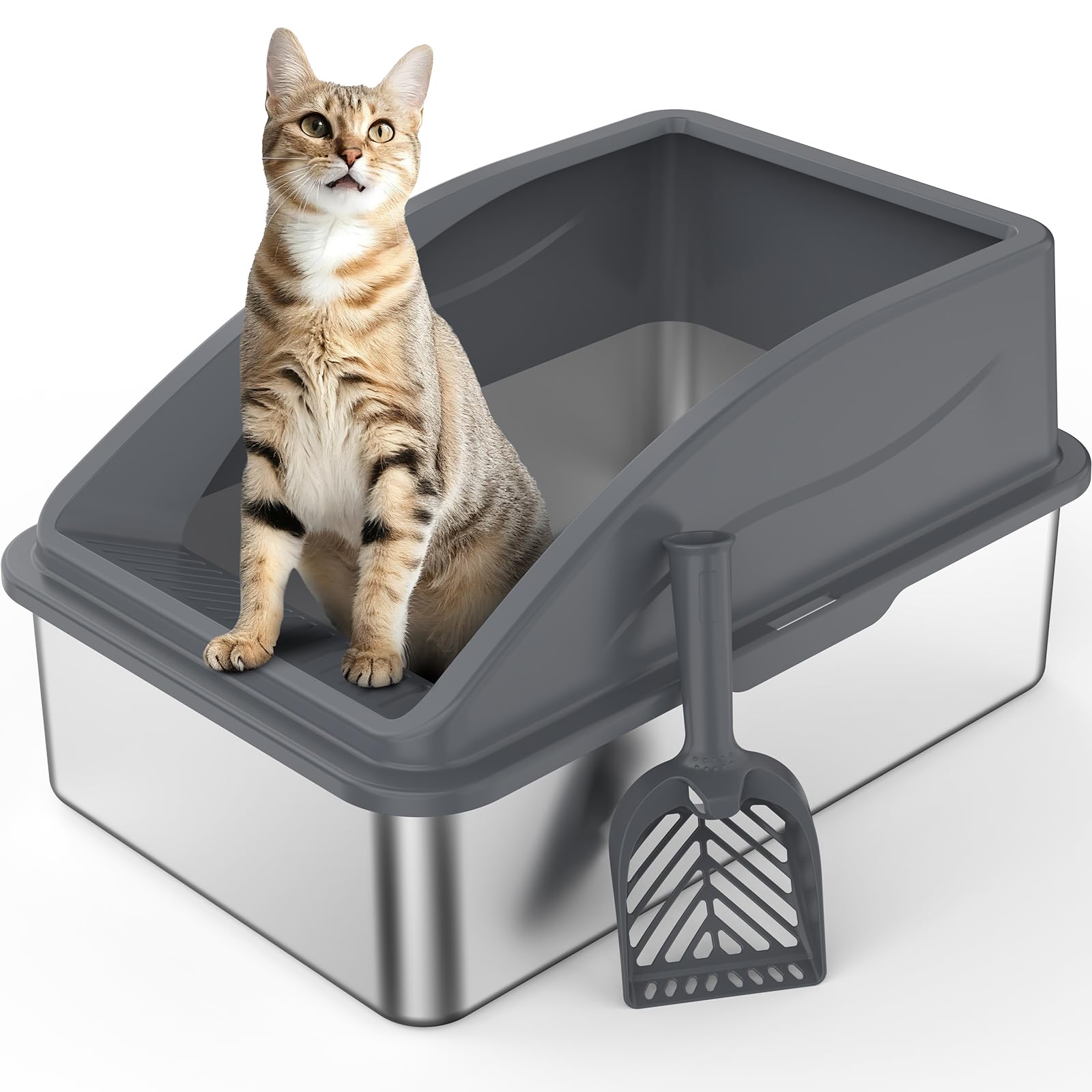 AIPERRO Stainless Steel Litter Box | XL Enclosed Cat Litter Boxs with Lid for Big Cats | High Sided, Anti-Urine Leakage | Non-St