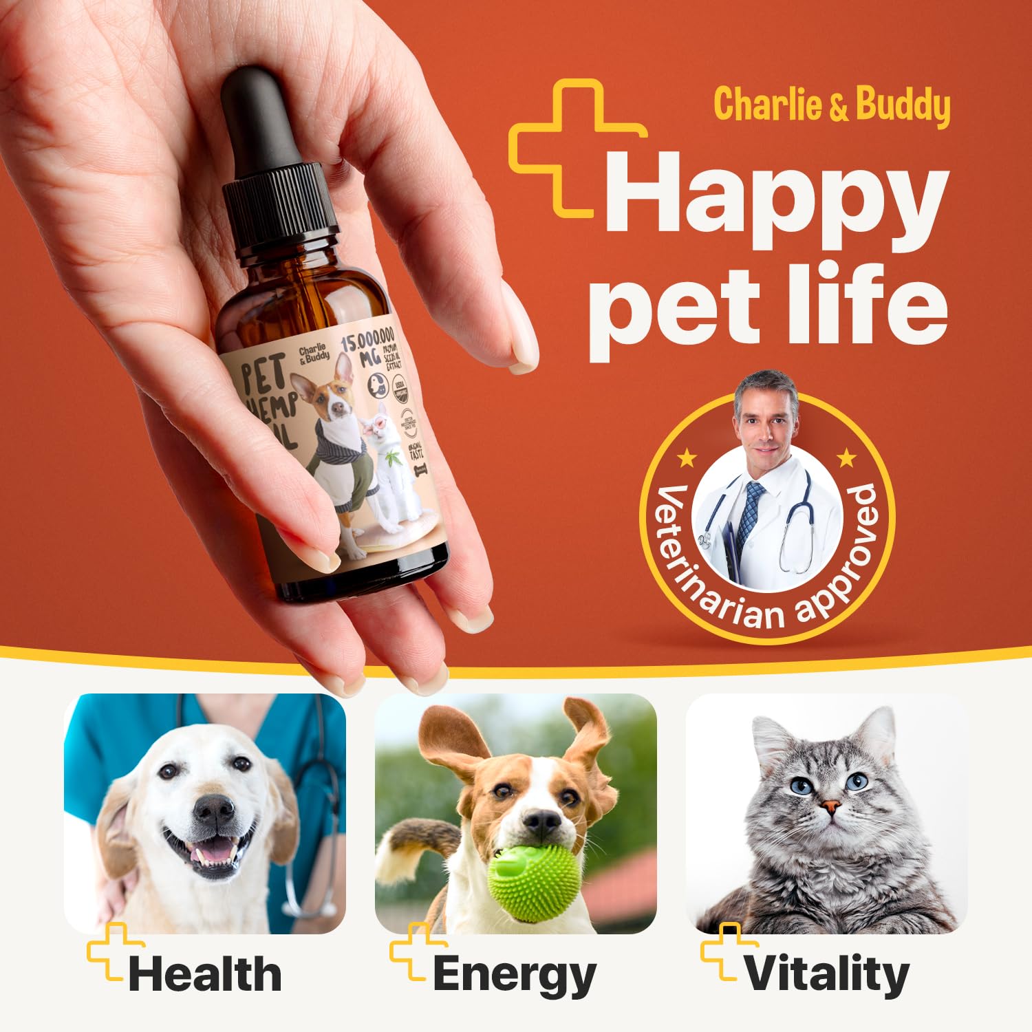 Charlie Buddy - H?mp Oil for Dogs Cats - Hip and Joint Support and Skin Health - Anxiety, Calm, Pain - Omega 3, 6, 9 and Vitamin
