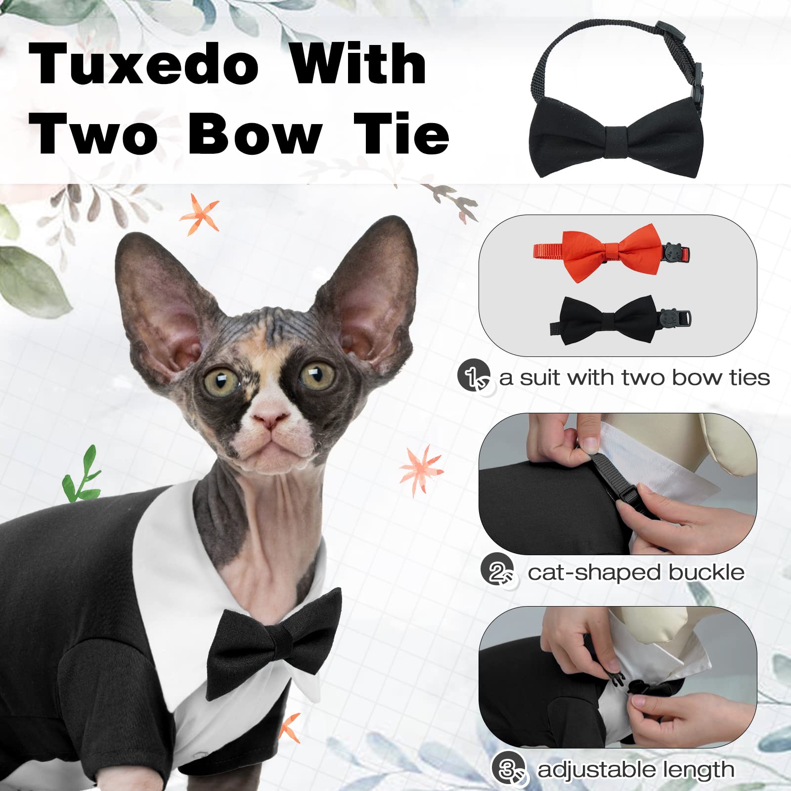 Dentrun Tuxedo Suit With Two Bow Tie, Stylish Cat Shirt Formal Outfit, Hairless Cat Fashion Apparel Fancy Clothes, Kitten Formal