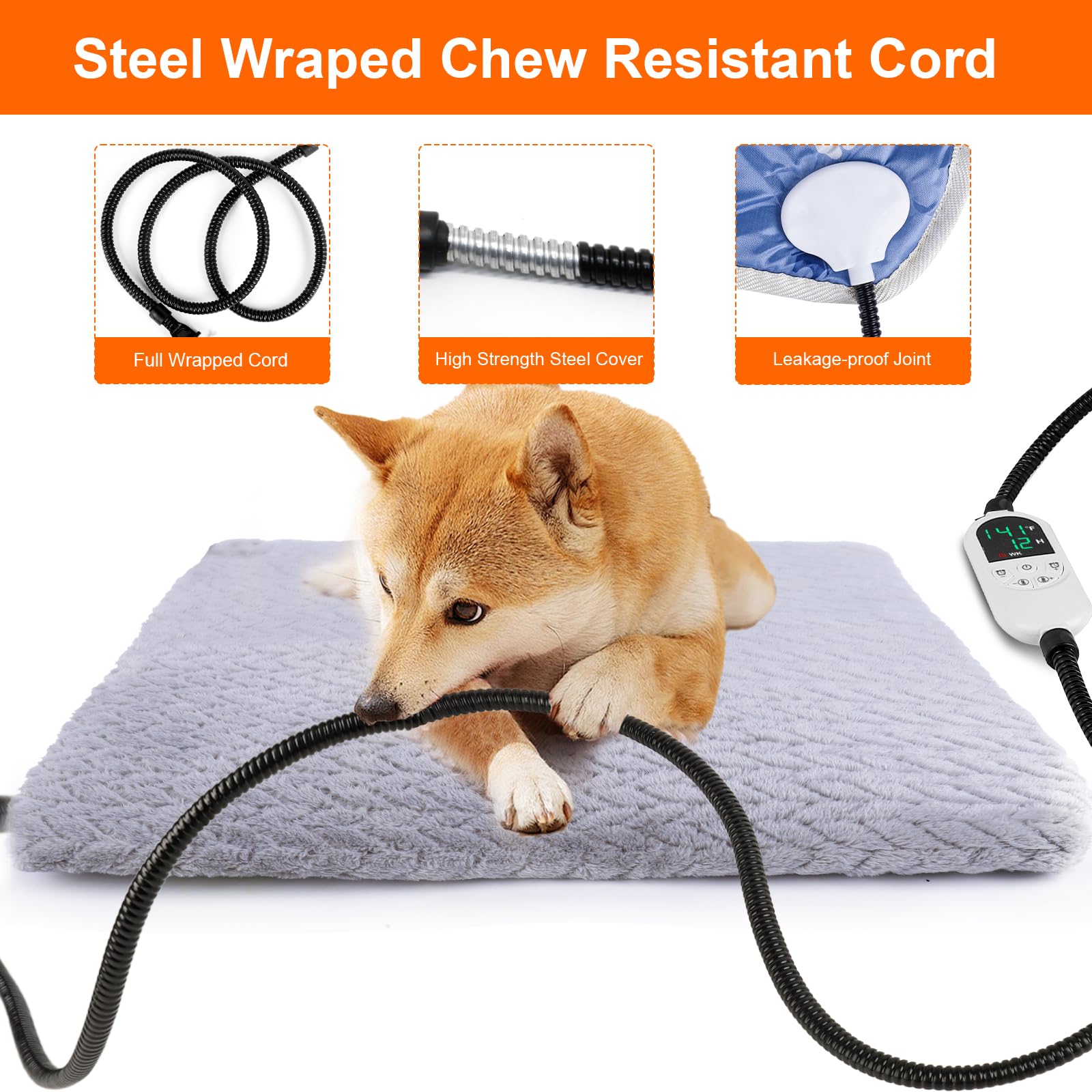 ENJOY PET Pet Heating Pad, Heated Cat Bed Indoor Heated Dog Bed with Chew Resistant Steel Cord, 12 Level Timer and Temperature D