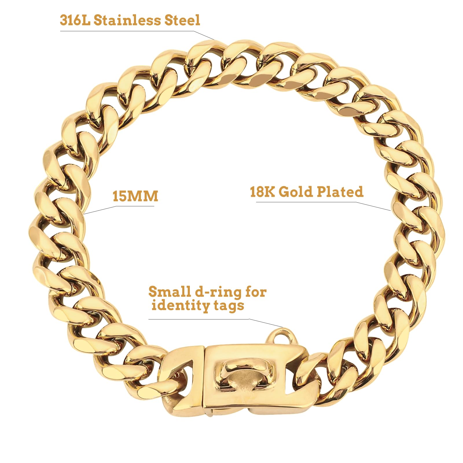 Baobote 15Mm Gold Stainless Steel Dog Collar With Cuban Link Chain Heavy Duty Chew Proof Training Collar For Dogs(16'' Gold)