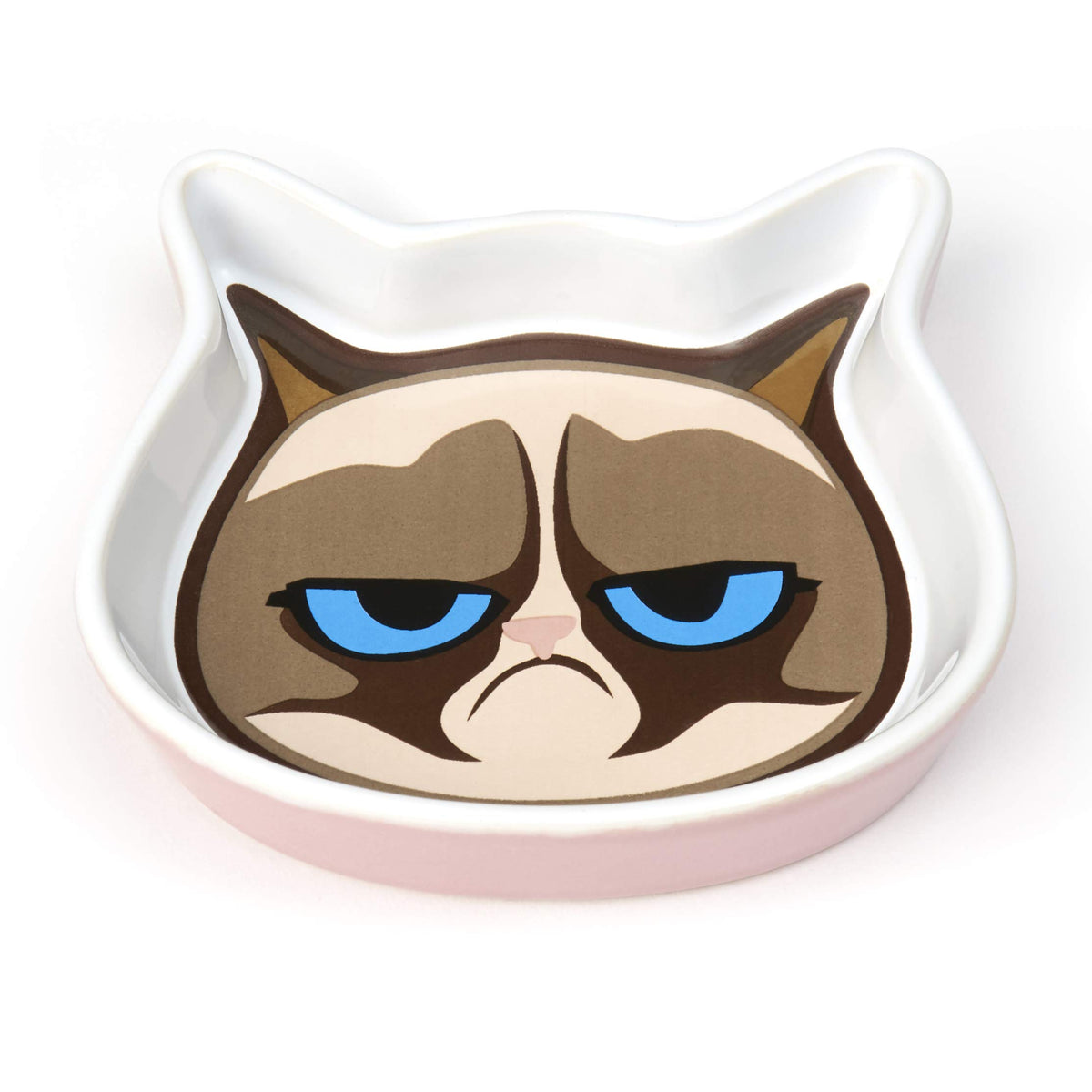 Petrageous G16091 Grumpy Cat Shallow Dishwasher Safe Cat Face Stoneware Saucer 4.75-Inch Wide 4.25-Inch Long 1-Inch Tall 4-Ounce Capacity Great For Cats With Cat Face Logo, Pink