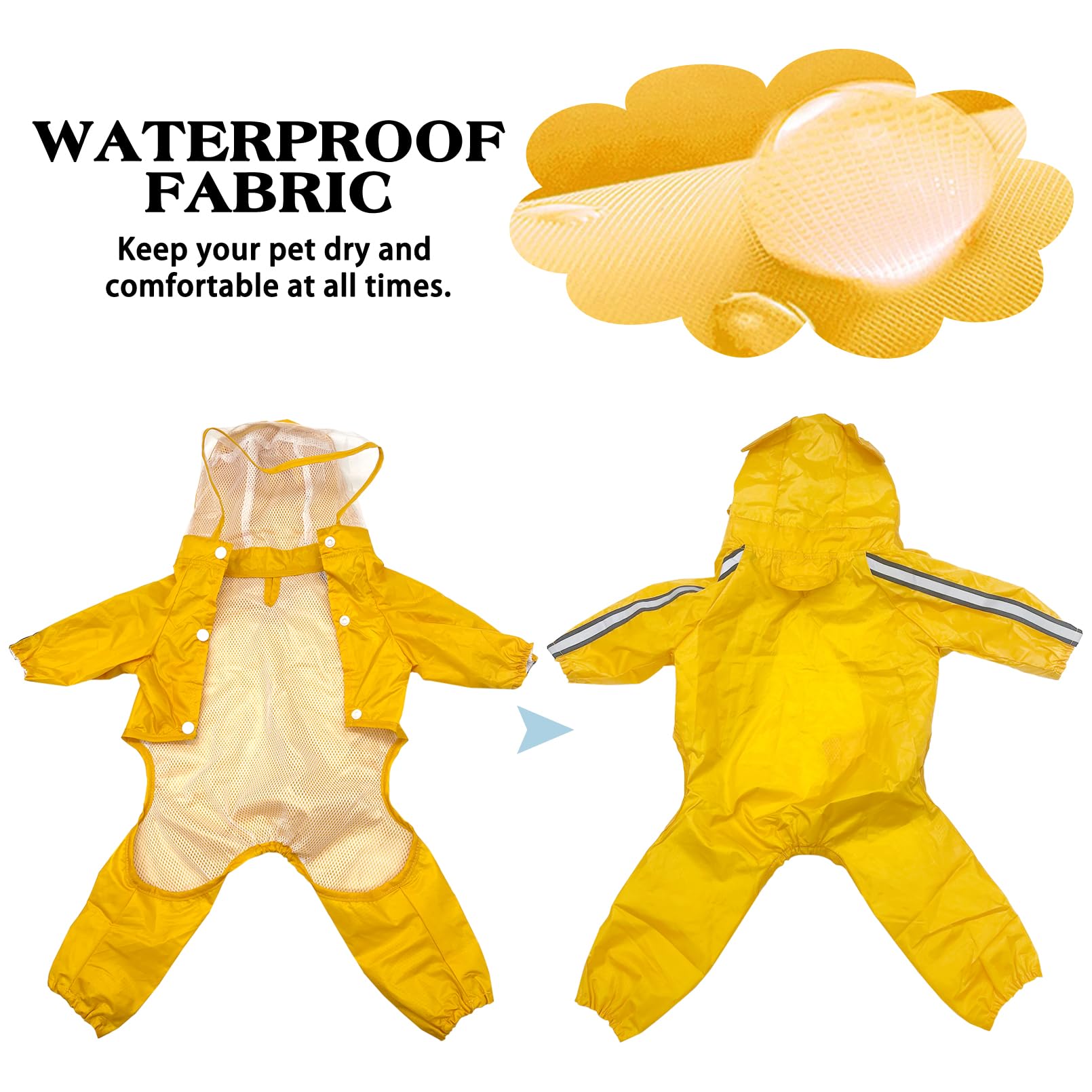 Apatal Waterproof Dog Raincoat, Adjustable 4-Legged Dog Rain Jacket With Hood And Leash Hole Reflective Lightweight Outdoor Rain