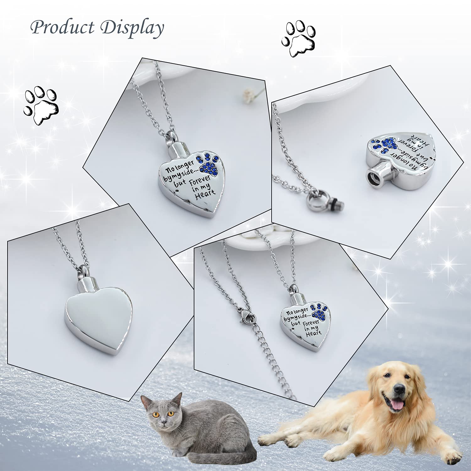 Fashion Pet Cremation Jewelry Stainess Steel Heart Keepsake Ashes Necklace Dog Cat Paw Memorial Urn Pendant(Dark Blue)