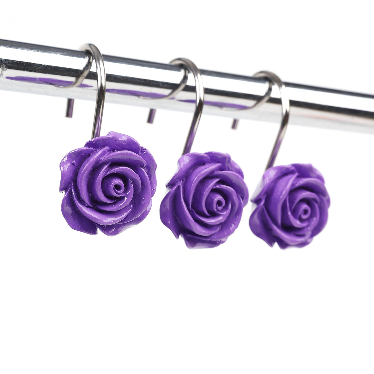 Twofish Home Purple Rose Flower Shower Curtain Hooks Purple Rose Flower Anti Rust Shower Curtain Hooks Decorative Resin Purple Rose Flower Shower Curtain Rings Set Of 12