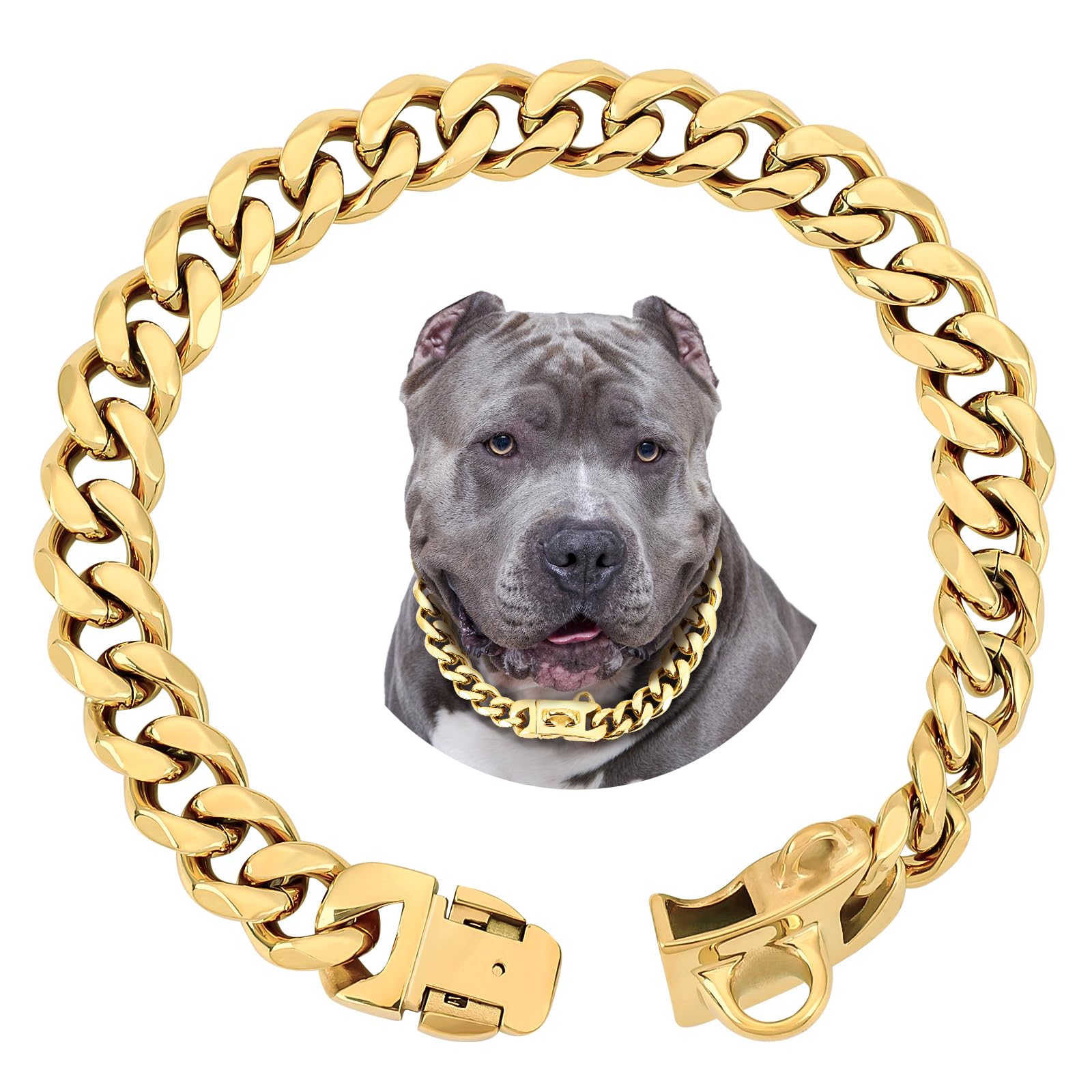 Baobote 15Mm Gold Stainless Steel Dog Collar With Cuban Link Chain Heavy Duty Chew Proof Training Collar For Dogs(12'' Gold)