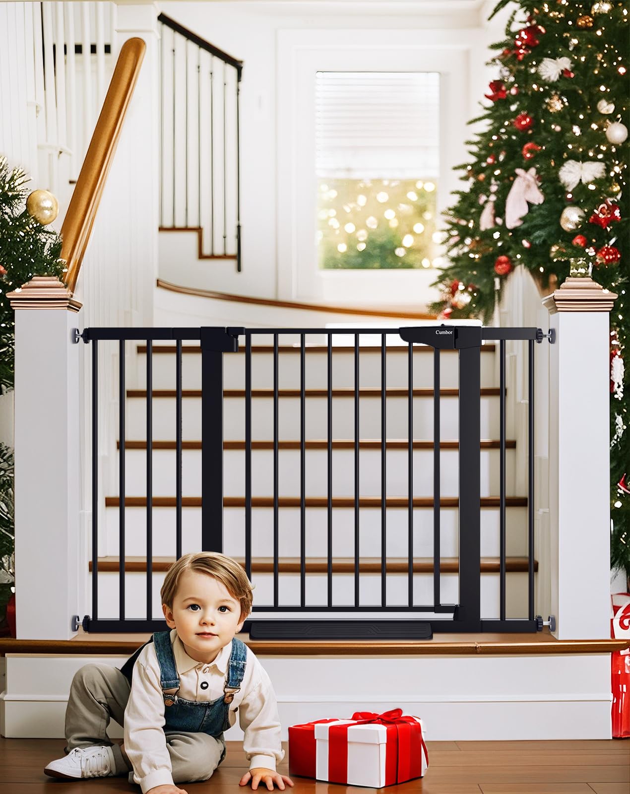 Cumbor 29.7-48' Baby Gate For Stairs, Mom'S Choice Awards Winner-Dog Gate For Doorways, Auto Close Safety Pet Gate For Dogs Indoor, Easy Install Pressure Mounted Child Gate With Walk Thru Door, Black