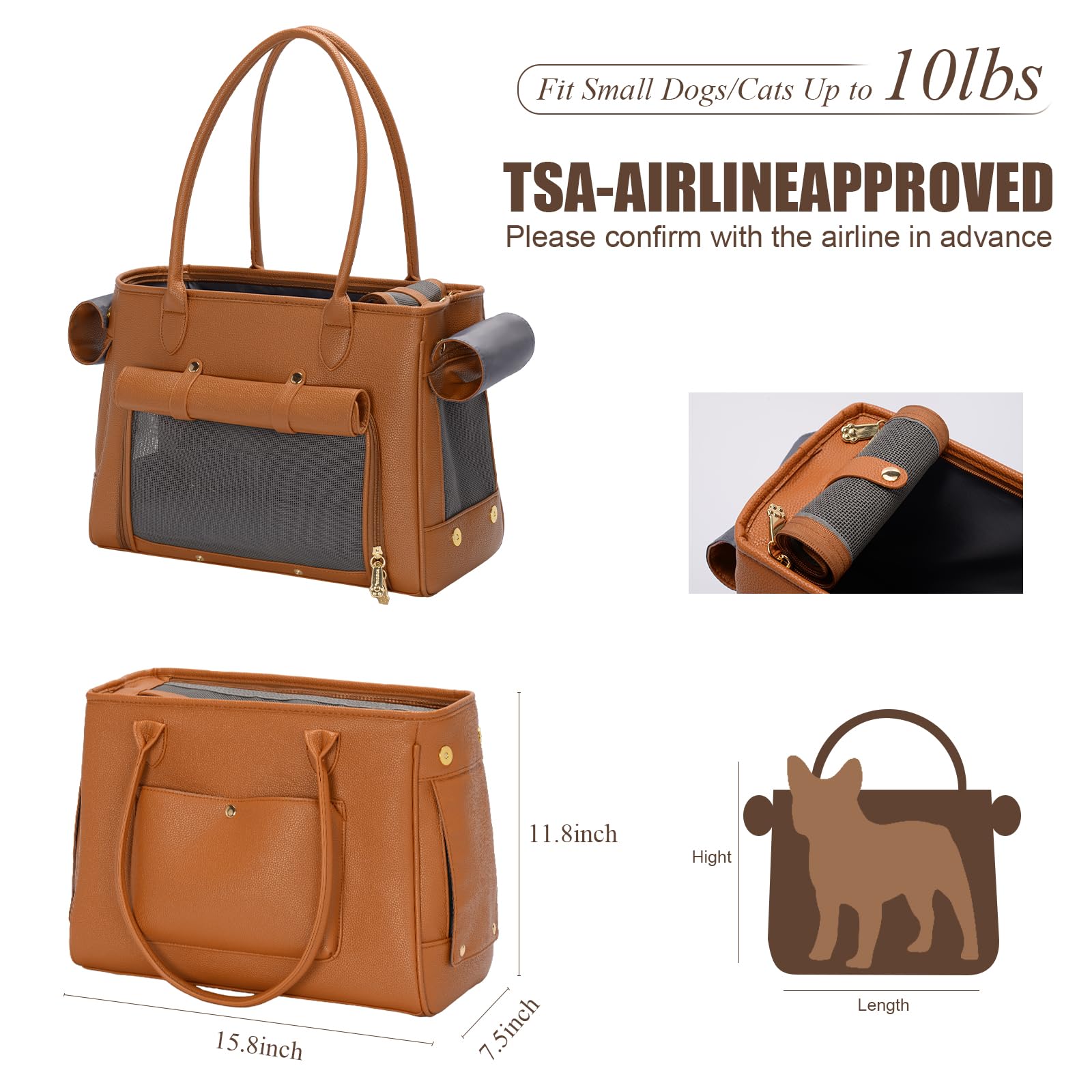 Fashion Pet Carrier Purse For Small Cat And Dog, Luxury Pu Soft-Sided Tote Bag With Large Pockets For Dogs And Puppies (Brown, 1