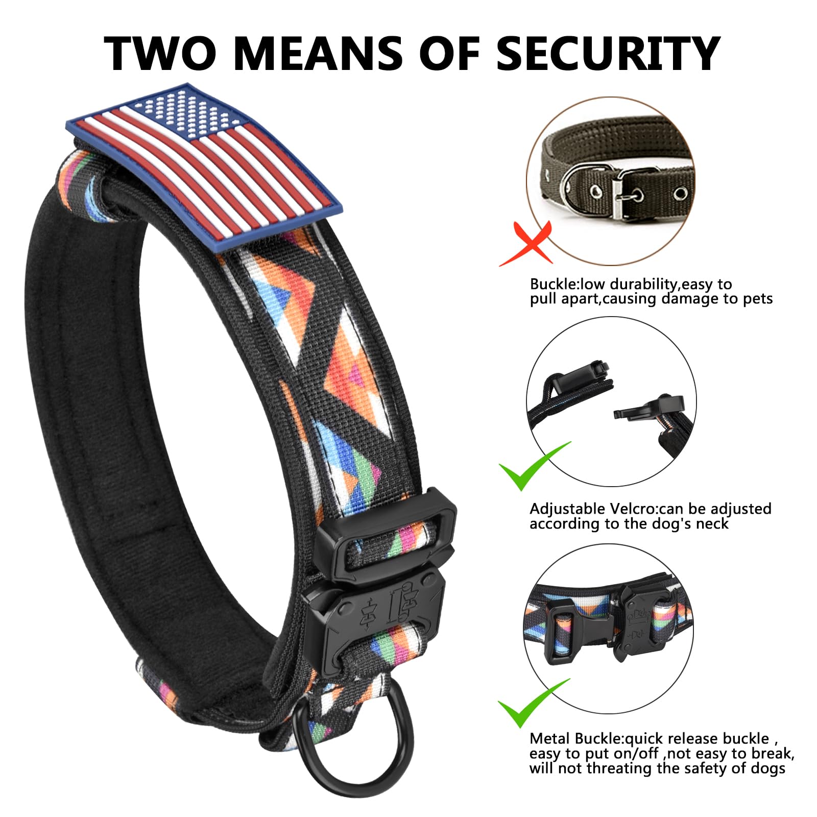 Daganxi Tactical Dog Collar, Adjustable Military Training Nylon Dog Collar With Control Handle And Heavy Metal Buckle For Medium And Large Dogs, With Patches And Airtags Case (Xl, Colorful Triangle)