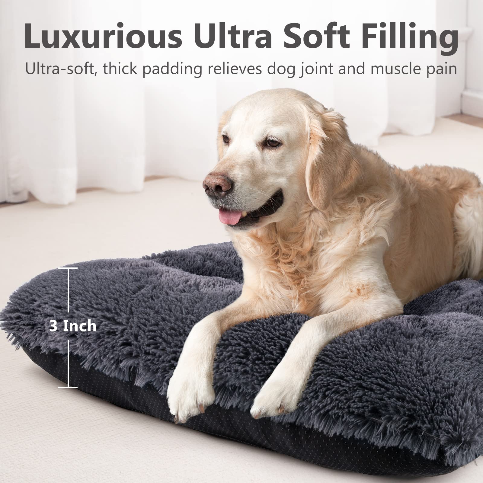 Joejoy Dog Bed Crate Pad, Deluxe Plush Washable Dog Beds Fulffy Soft Kennel Pad Anti-Slip Pet Sleeping Mat For Medium Small Dogs