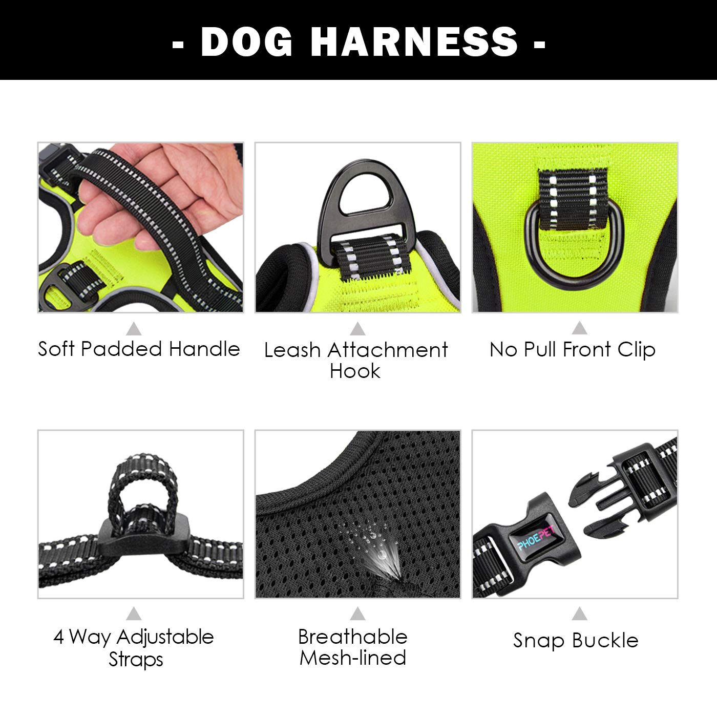 Phoepet No Pull Dog Harnesses For Small Dogs Reflective Adjustable Front Clip Vest With Handle 2 Metal Rings 3 Buckles [Easy To Put On & Take Off](S, Green)