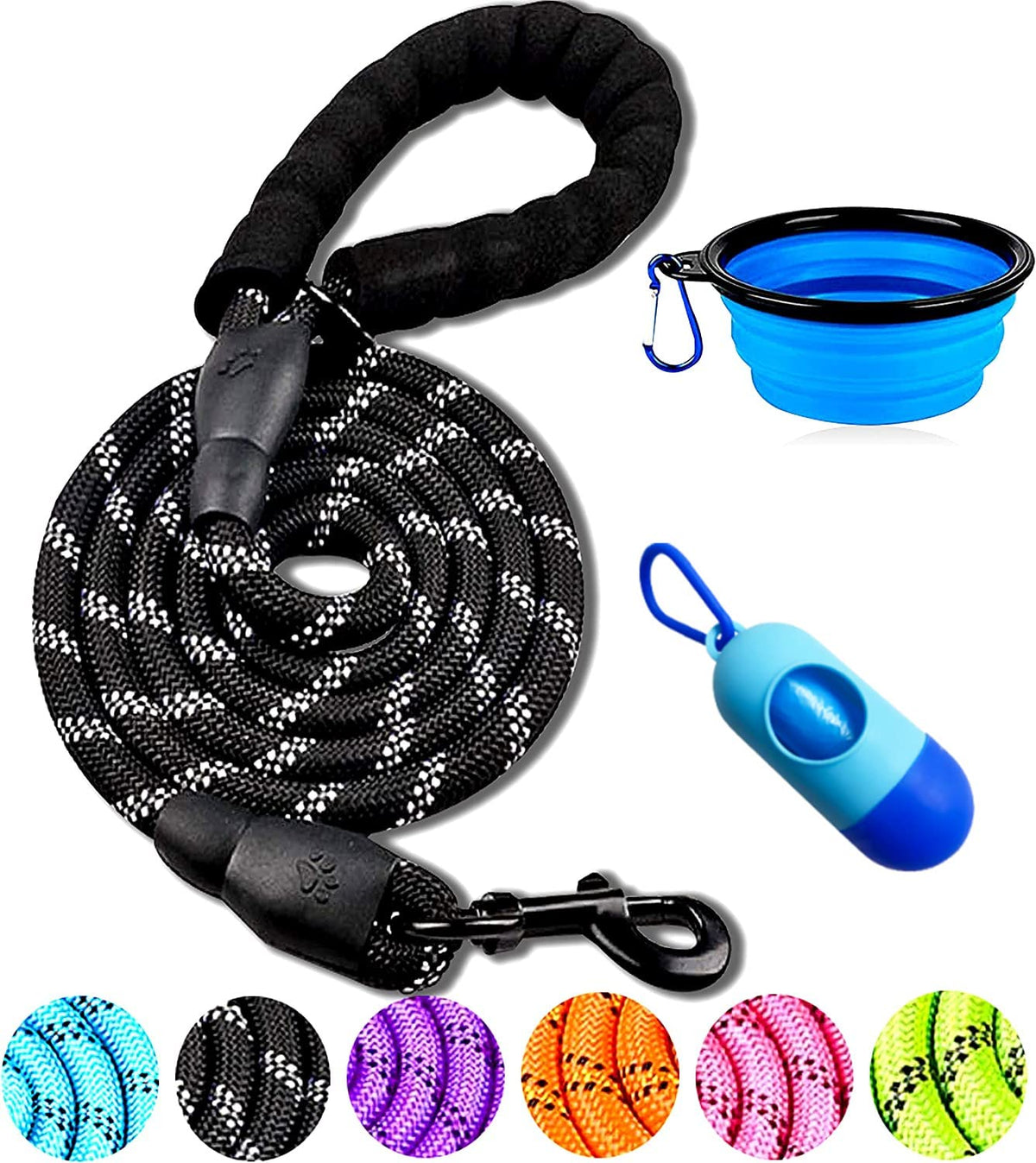 Doyoo 1 Dog Leash 2Ft/5Ft/6 Ft Thick Durable Nylon Dog Rope - Comfortable Padded Handle Reflective Rope Dog Leash For Medium Large Dogs With Collapsible Pet Bowl And Garbage Bags (Black, 1/2' X 5 Ft)