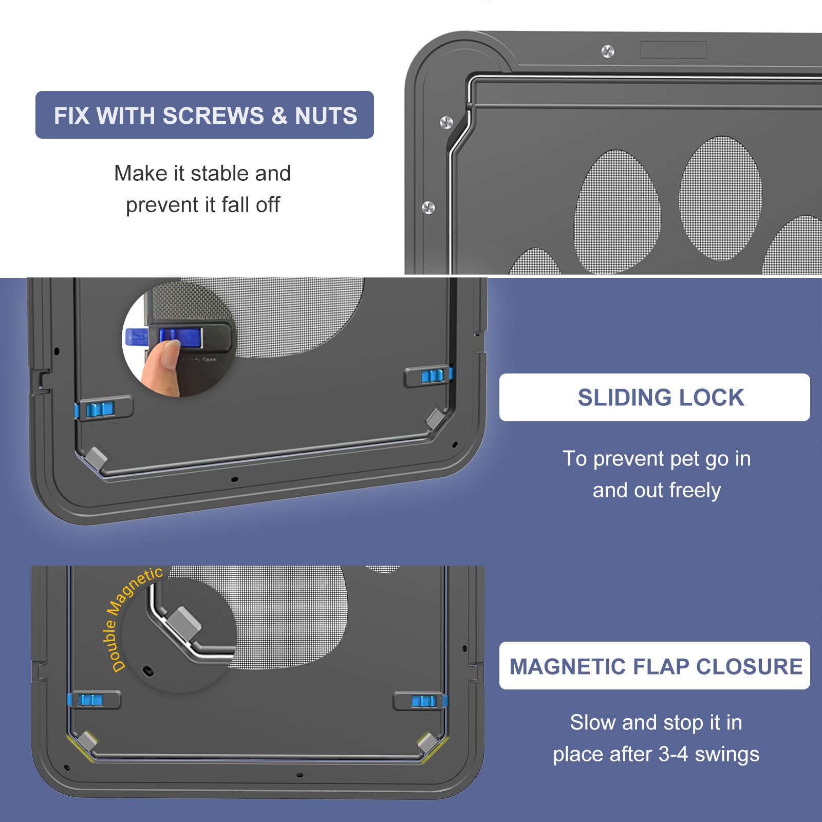 Namsan Cat Door For Screen Door, Flap Opening 8 X 10 Inches, Cat Door For Window Screen, Magnetic Self-Closing Small Pet Door For Sliding Door, Lockable, Black