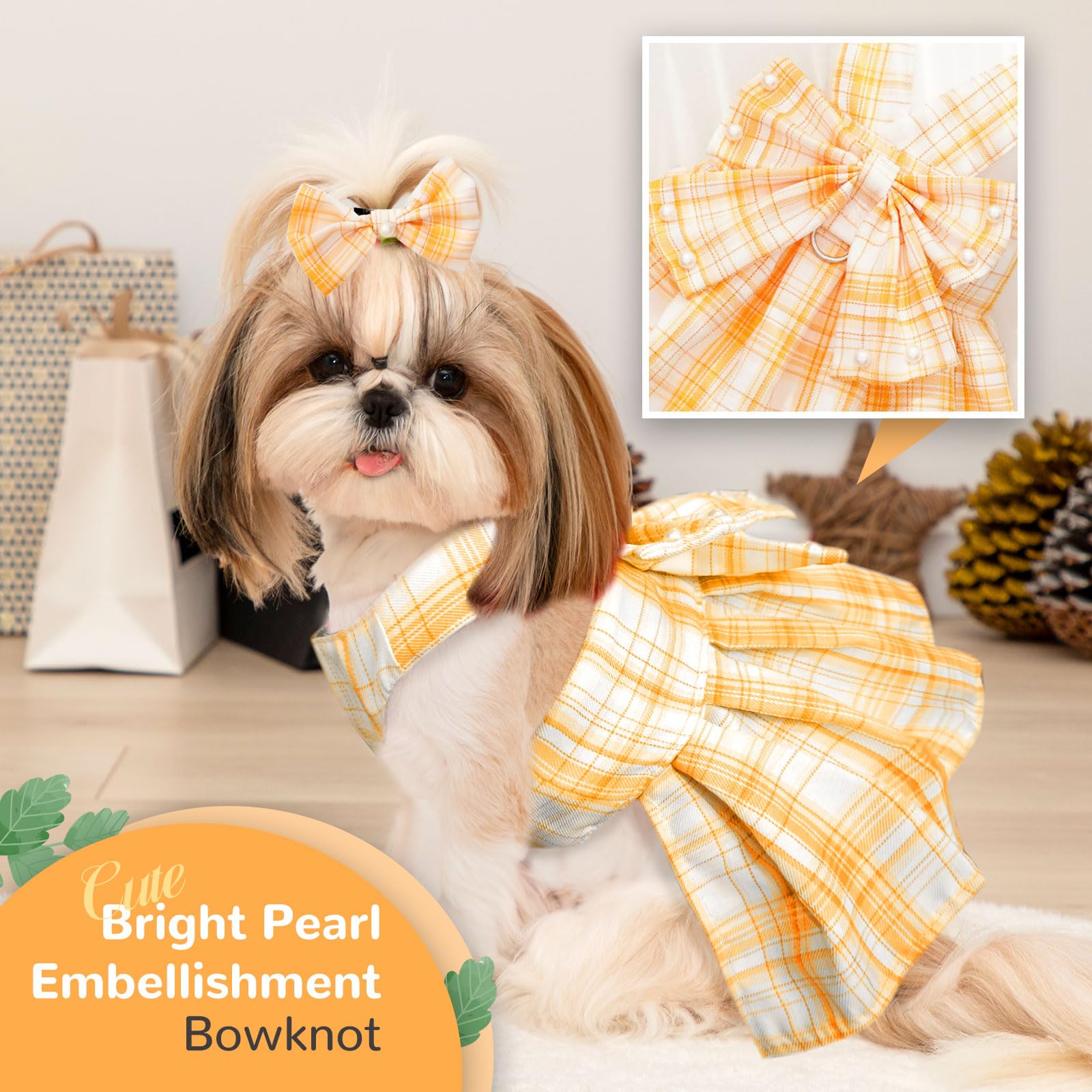Petcare Cute Dog Dress Clothes For Small Dogs Cats Girl Female Yellow Plaid Bow Tie Dog Harness Dresses Leash Set With Pearls Bo