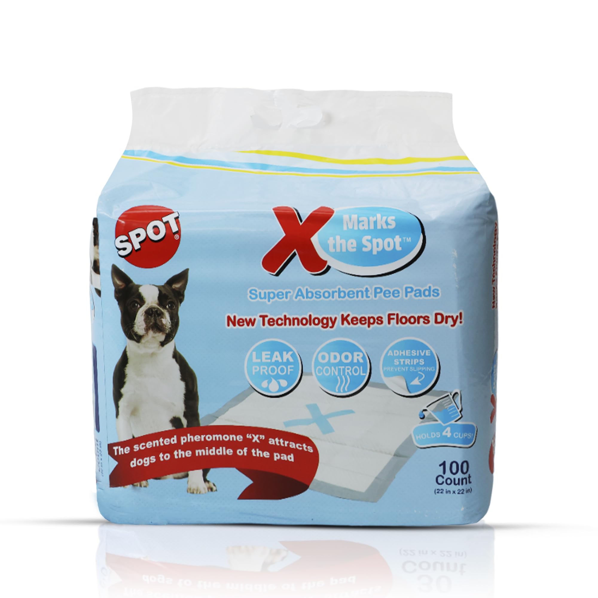 Spot X Marks The Spot Extra Absorbent Pee Pads | Puppy Pads | Puppy Pads With Adhesive | Training Pads | Dog Pads | Dog Pee Pads | Dog Potty Pads | Adhesive Strips | 22'X22' | 100 Ct,White