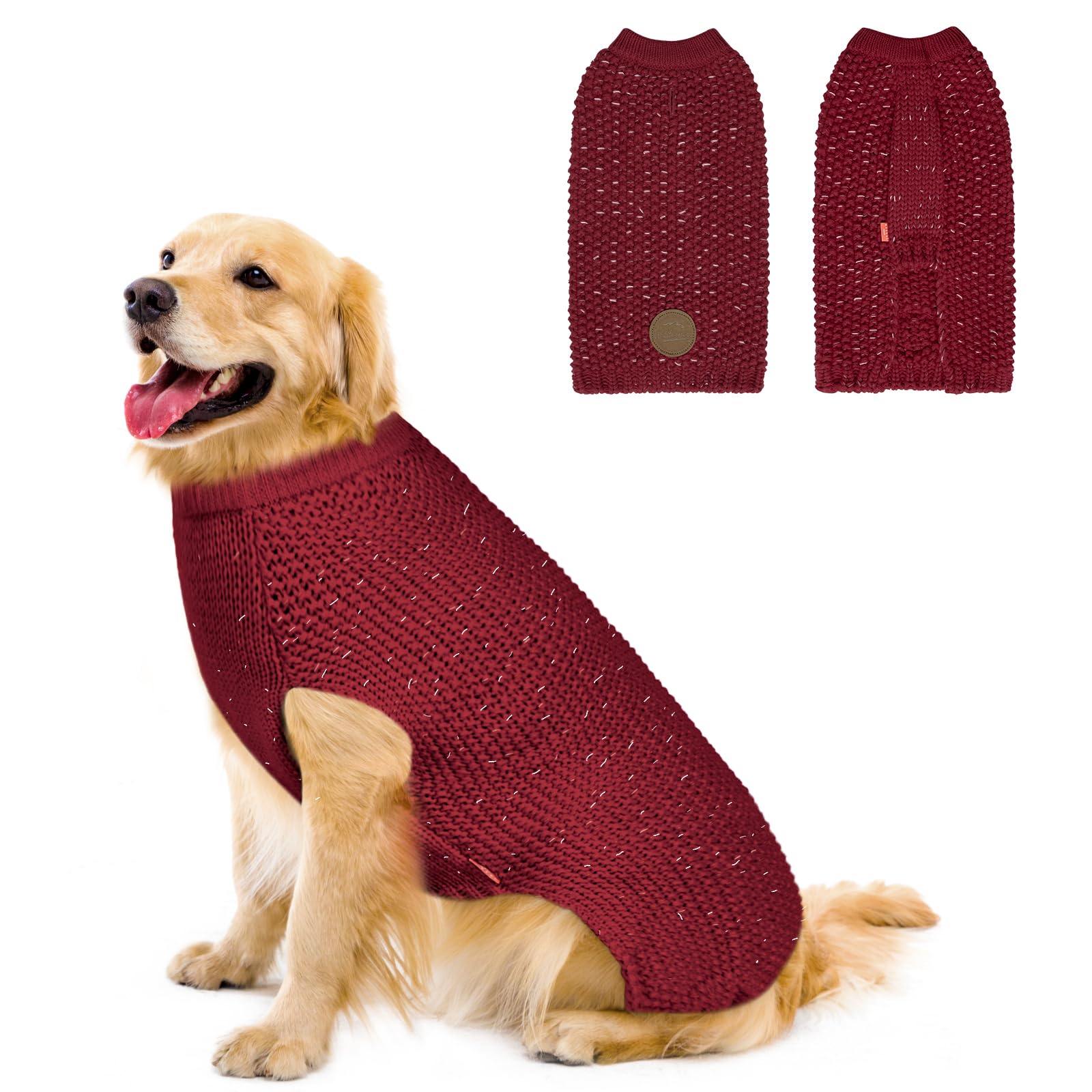 Kyeese Warm Dog Sweater - Comfortable Dog Coat With Leash Hole, Dark Red, L