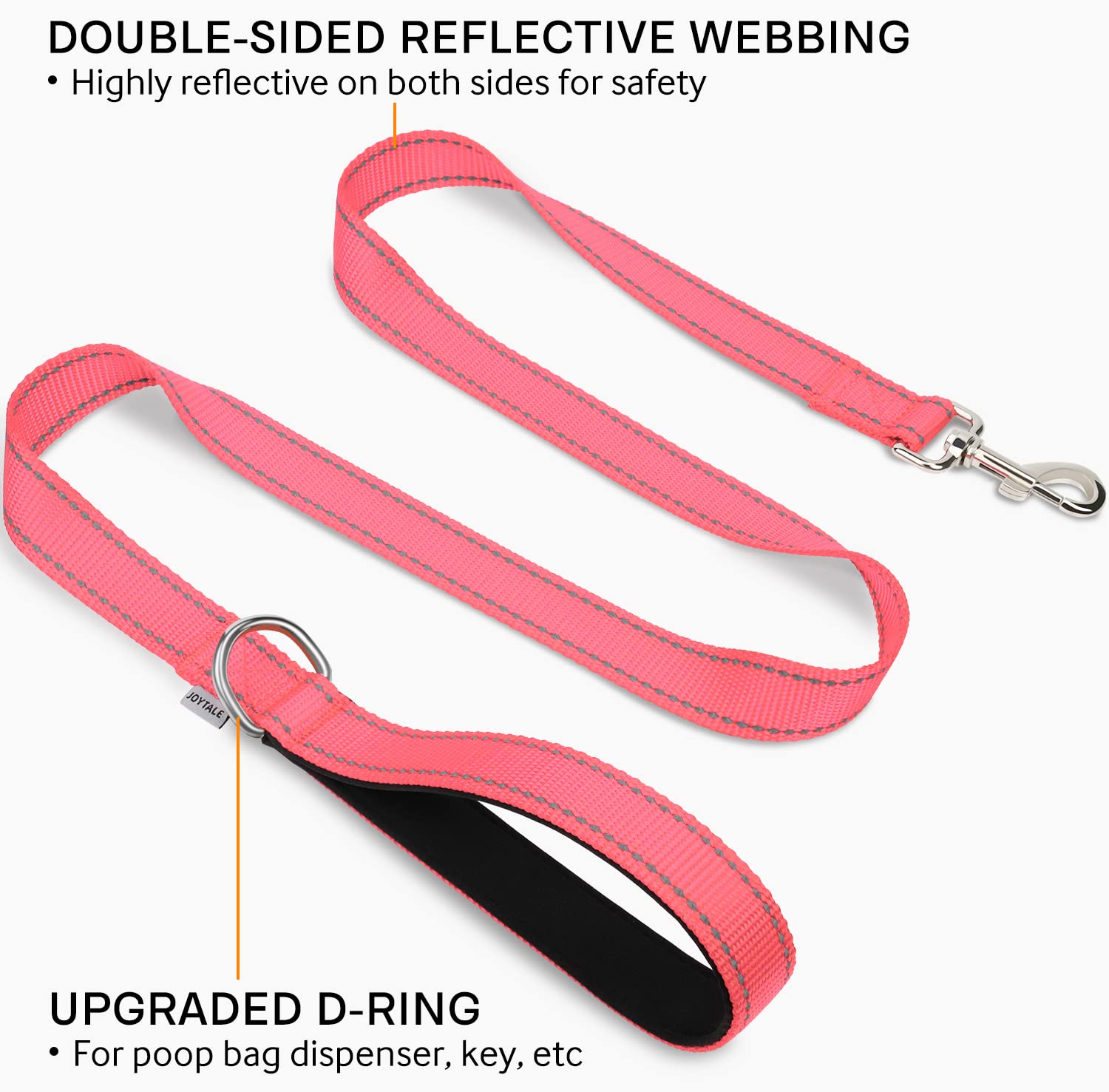 Joytale Double-Sided Reflective Dog Leash, 6 Ft/5 Ft/4 Ft, Padded Handle Nylon Dogs Leashes For Small & Medium Dogs Walking, Pink, 5Ft