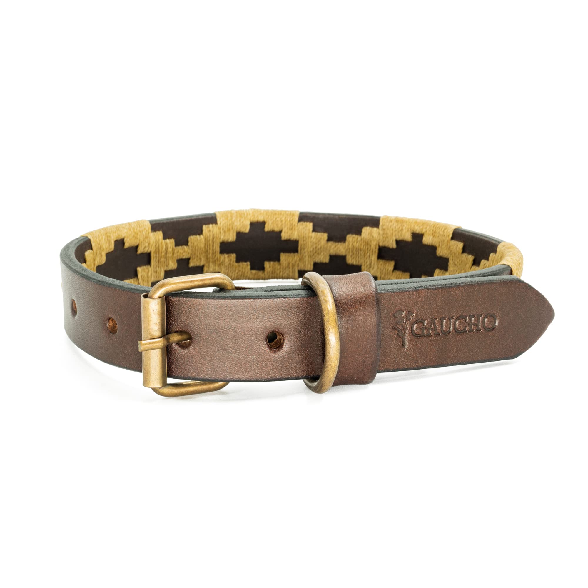 Gaucholife Polo Dog Collar Leather Hand-Stitched (Large, Dorado)