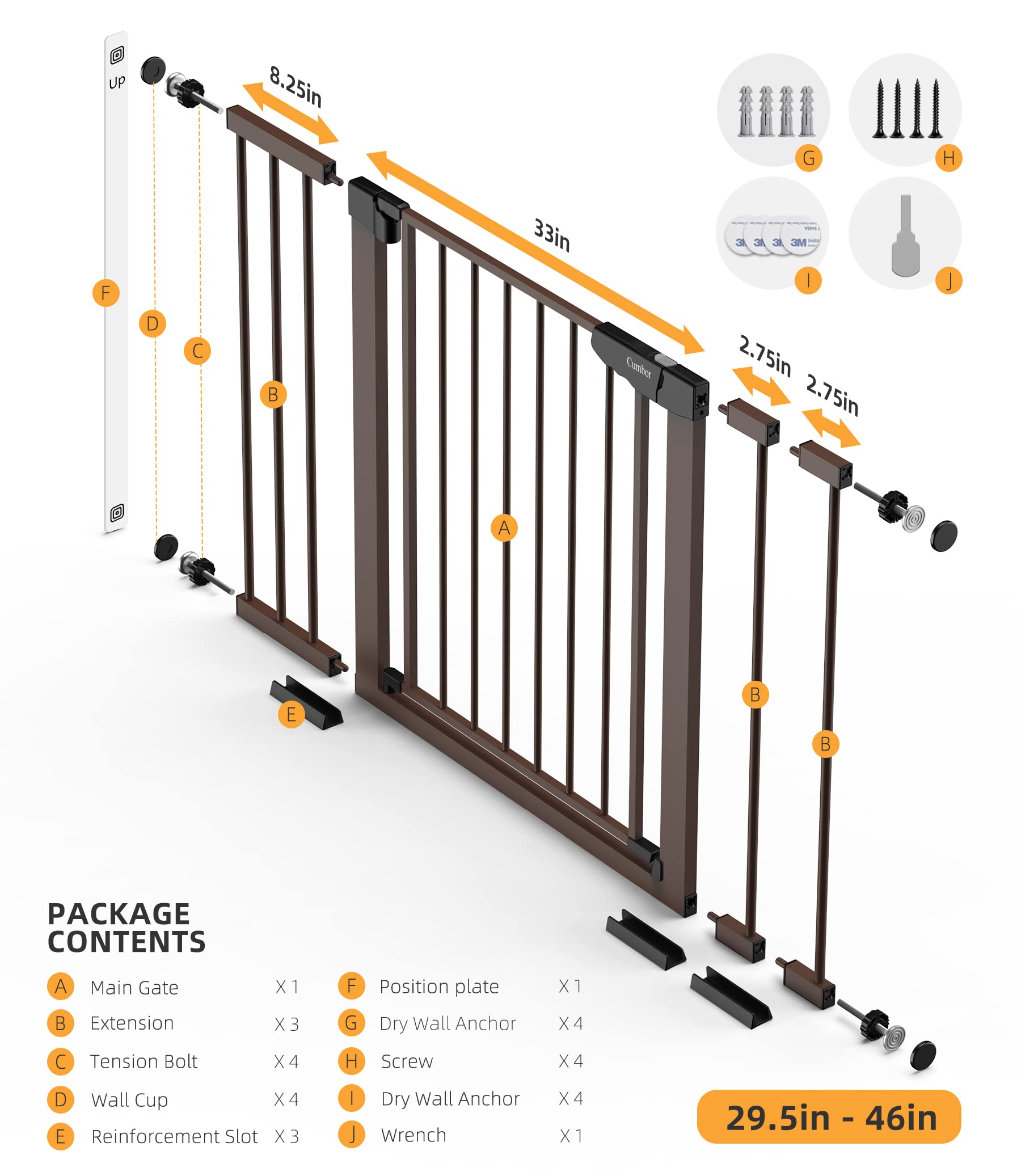Cumbor 29.7-46' Baby Gate For Stairs, Mom'S Choice Awards Winner-Auto Close Dog Gate For The House, Easy Install Pressure Mounted Pet Gates For Doorways, Easy Walk Thru Wide Safety Gate For Dog, Brown