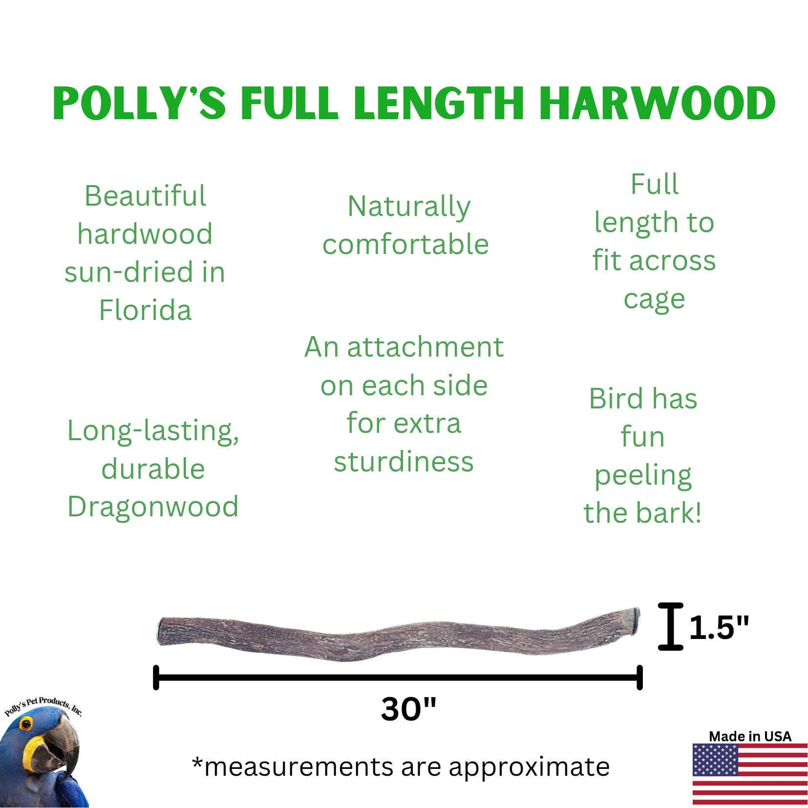 Polly'S Full Length Hardwood Bird Perch, 30-Inch, Brown (50804)