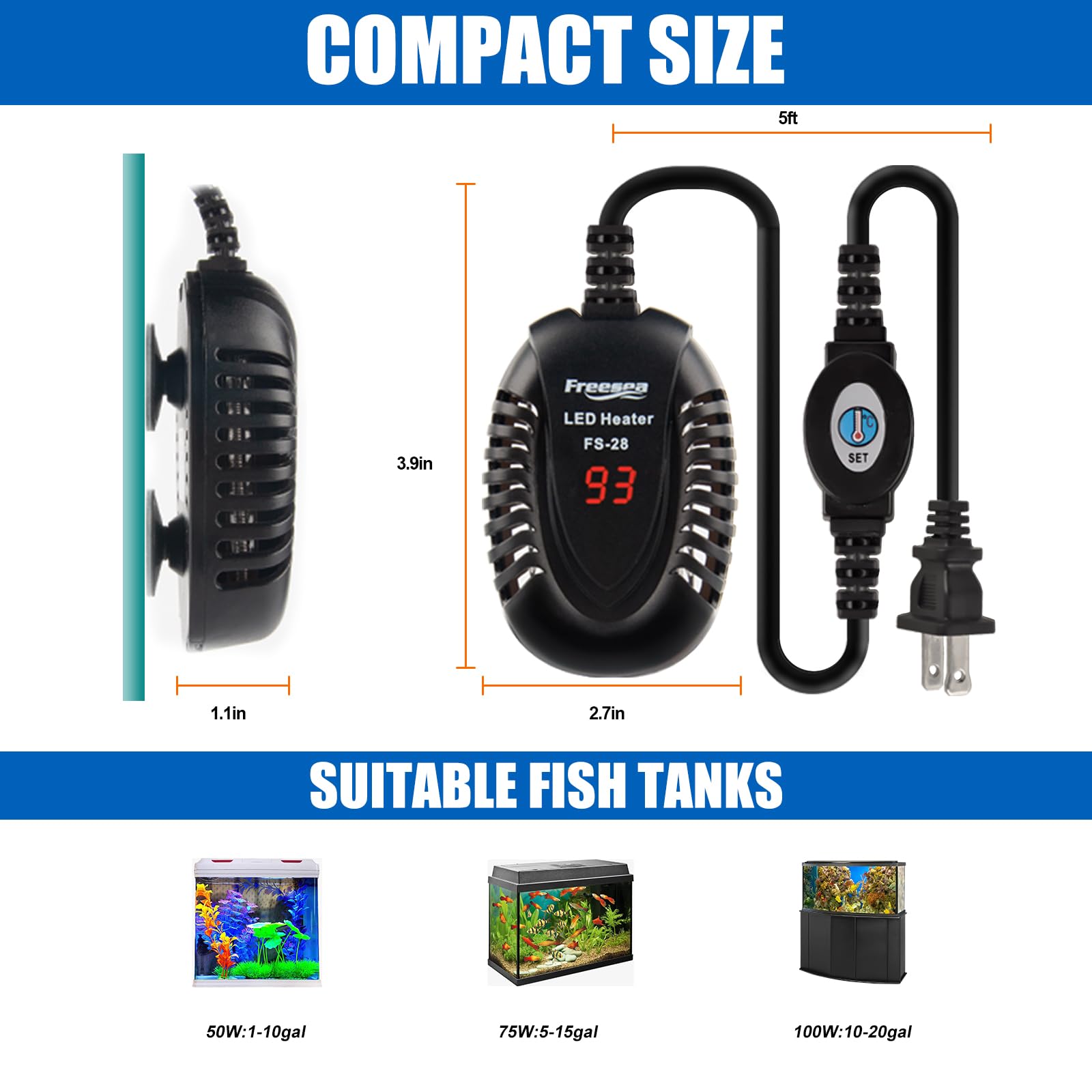 FREESEA 50W Submersible Aquarium Heater with External Controller - Adjustable Temperature for Betta, Turtle, Saltwater & Freshwater Tanks (1-10 Gallon)