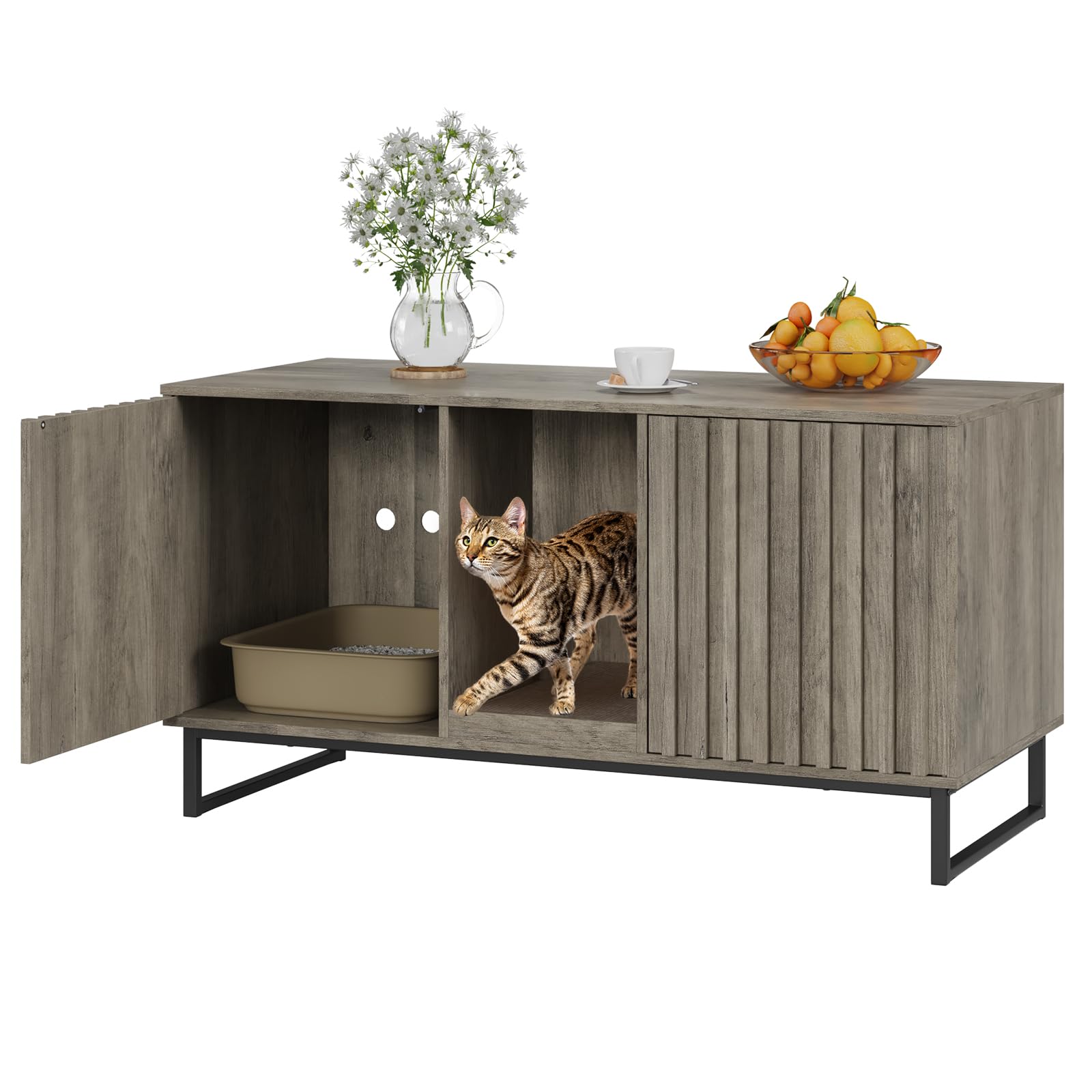 Cat Litter Box Enclosure For 2 Cats, 47.6 Litter Box Furniture Hidden With Scratch Pad, Double Room Large Cat Cabinet, Indoor Pe