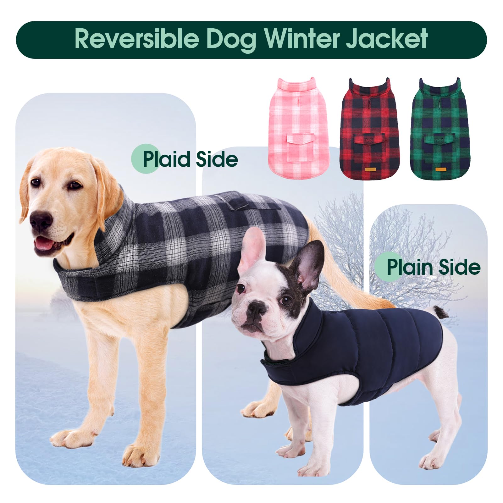 Kuoser Reversible Dog Jacket, Warm Winter Coat, Windproof Dog Clothes, Dark Blue Xs
