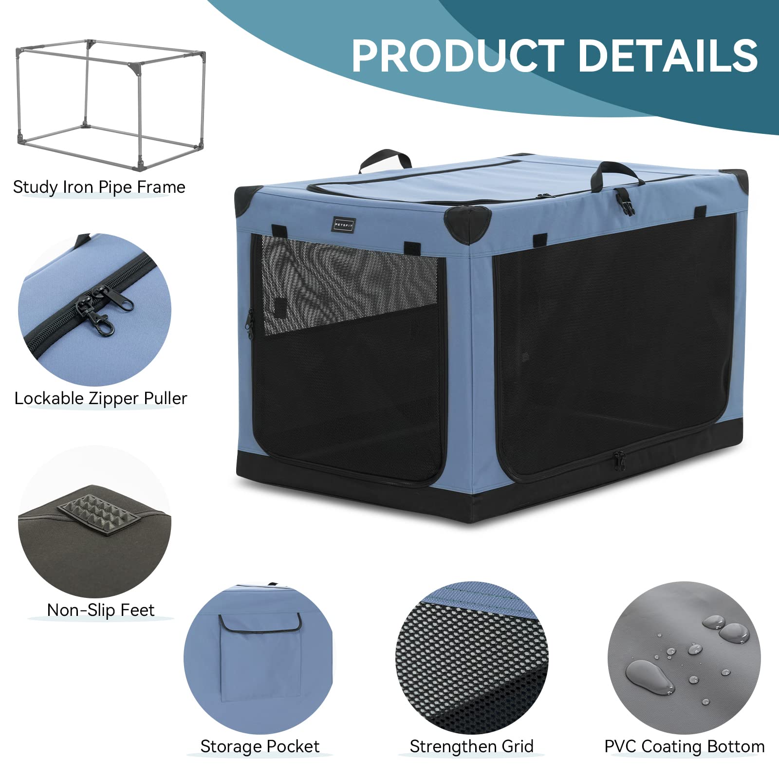 Petsfit 39.5 Inch Collapsible Dog Crate, Adjustable Fabric Cover By Spiral Iron Pipe, Chew Proof 3 Door Design, Soft Sided Dog K