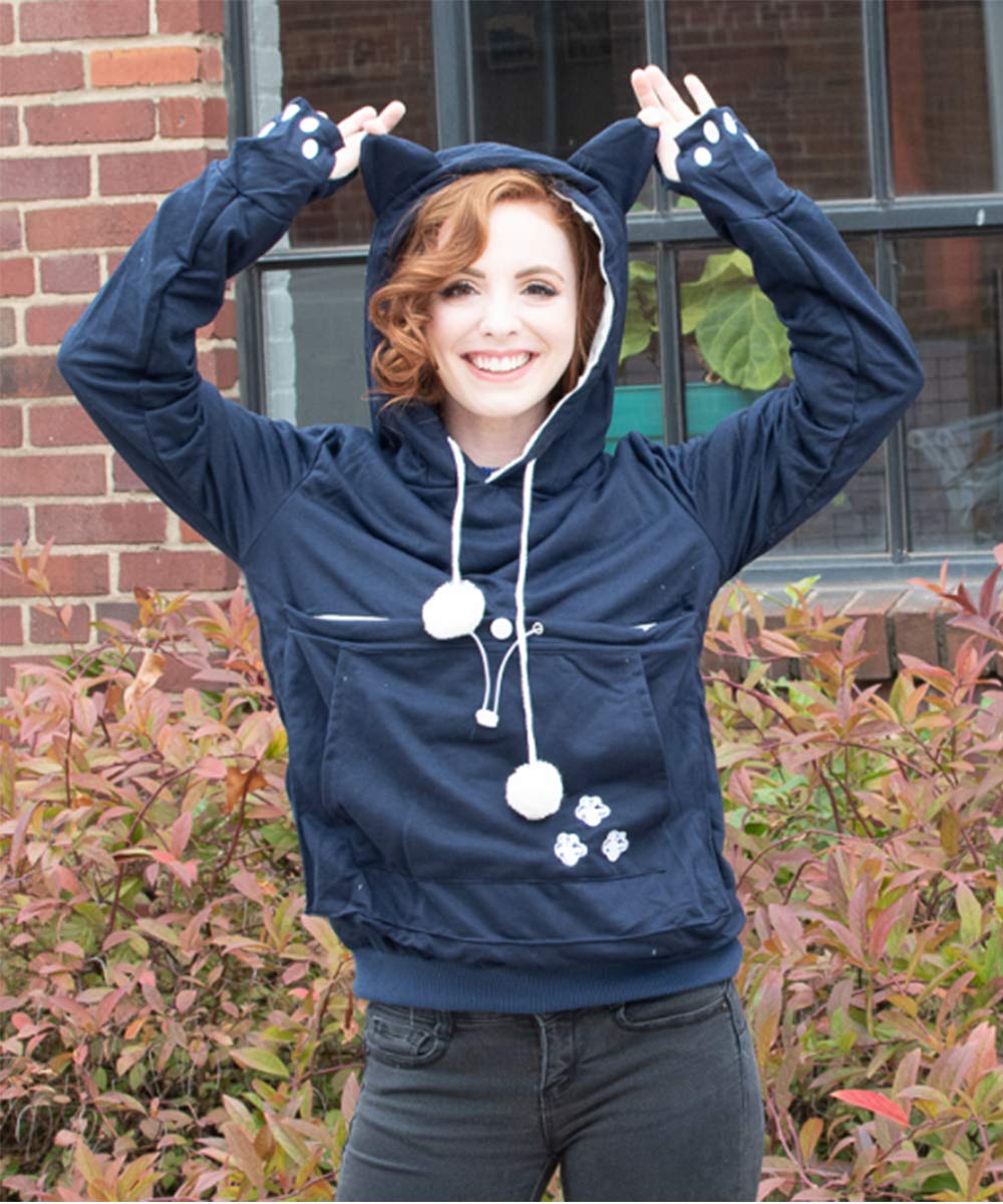 Unisex Big Pouch Hoodie Long Sleeve Pet Dog Holder Carrier Sweatshirt (Large, Navy Blue)